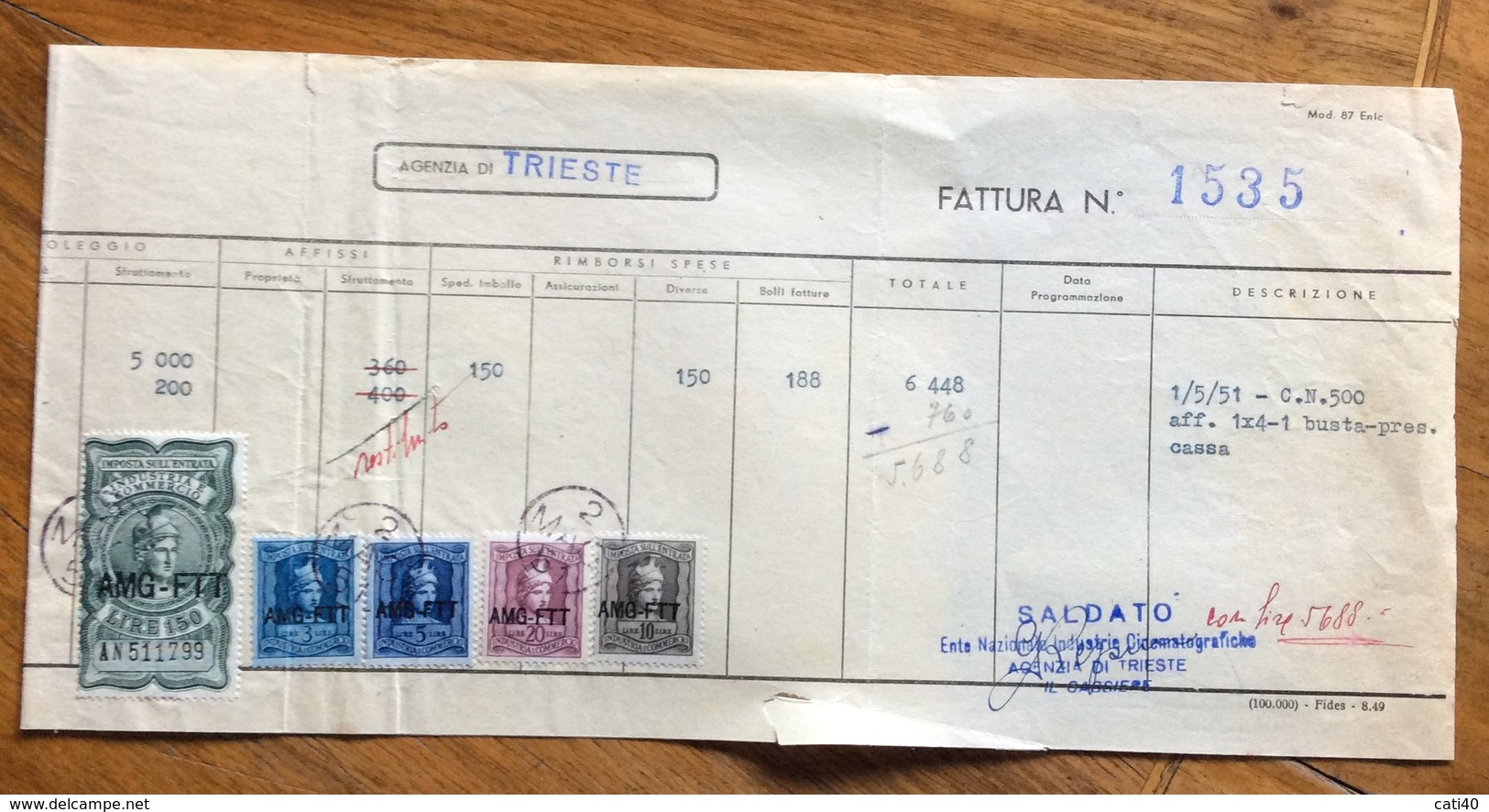 TRIESTE  - AMG FTT - MARCHE DA BOLLO SU DOCUMENTO : FATTURA  ENTE NAZ. INDUSTRIE CINEMATOGRAFICHE DEL 1/5/51 - Revenue Stamps