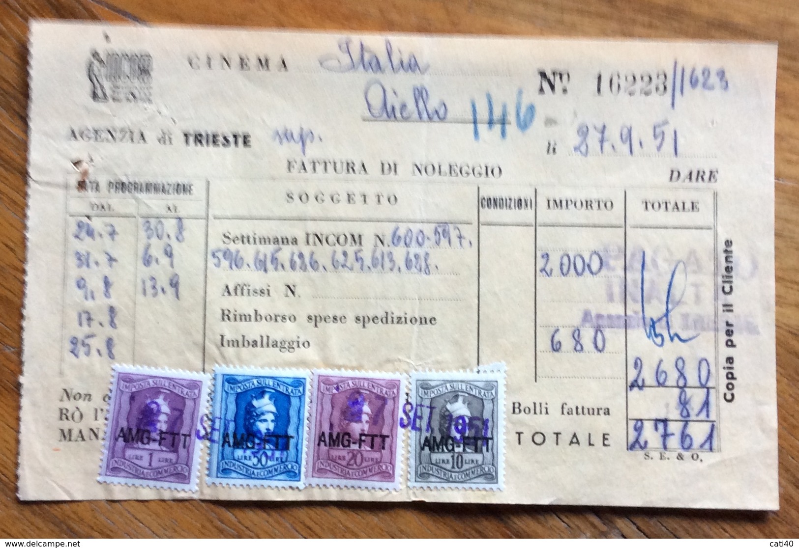 TRIESTE  - AMG FTT - MARCHE DA BOLLO SU DOCUMENTO : FATTURA  SETTIMANA INCOM DEL 27/9/51 - Revenue Stamps