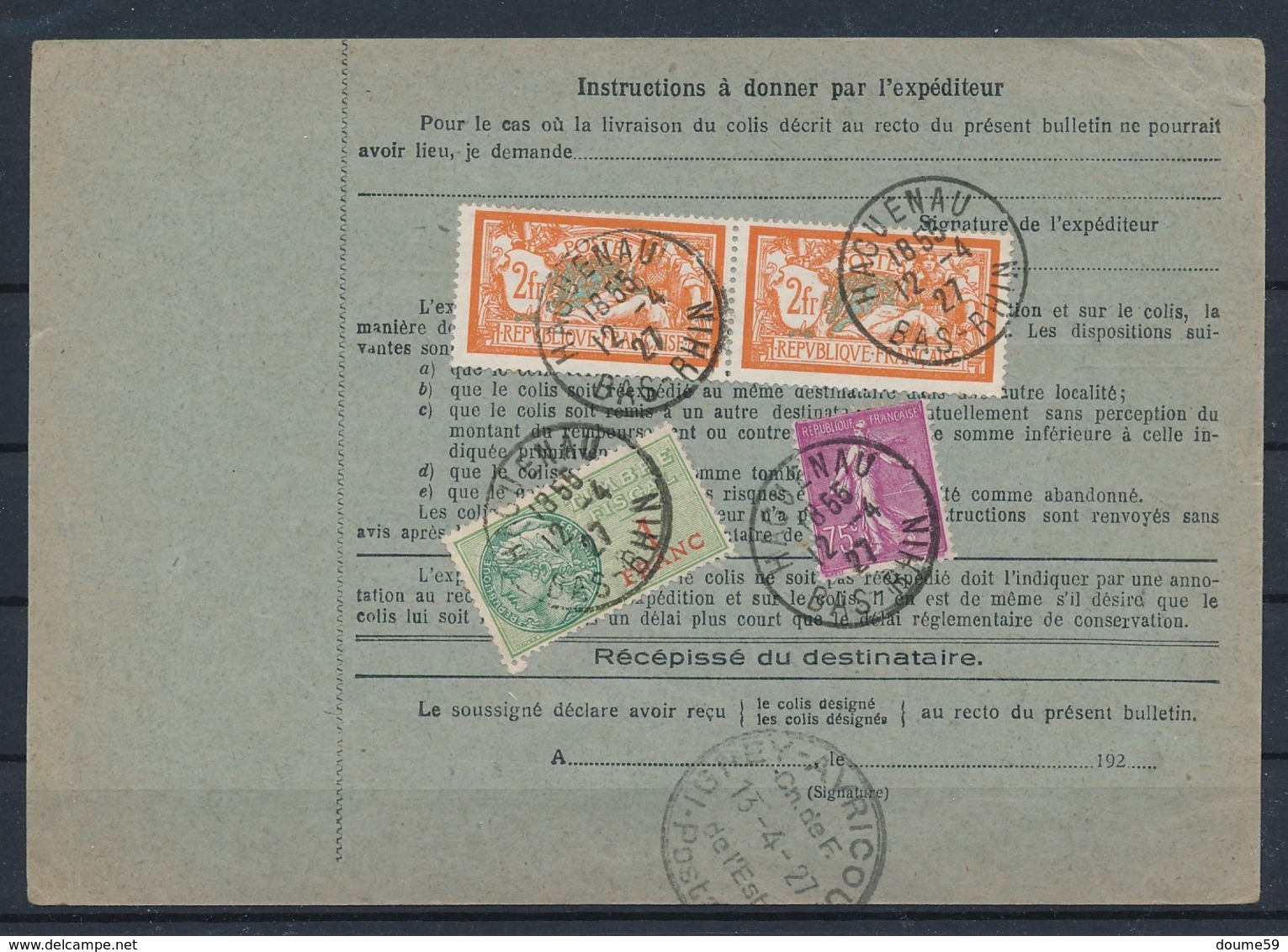 DP-65: FRANCE: Lot Avec Bulletin D'expédition, Valeur Déclarée De Hageneau Pour Paris (12/4/1927) - Autres & Non Classés