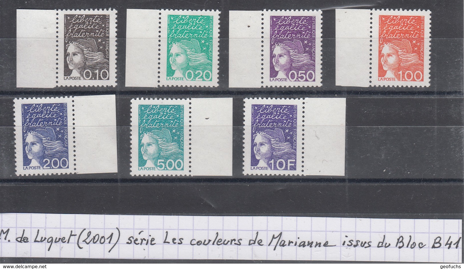 France Luquet (2001) Les Couleurs De Marianne Y/T N° 3086/90 + 3097 + 3099 **  Type II Sans Phosphore Issus Du Bloc B41 - 1997-2004 Marianne Du 14 Juillet