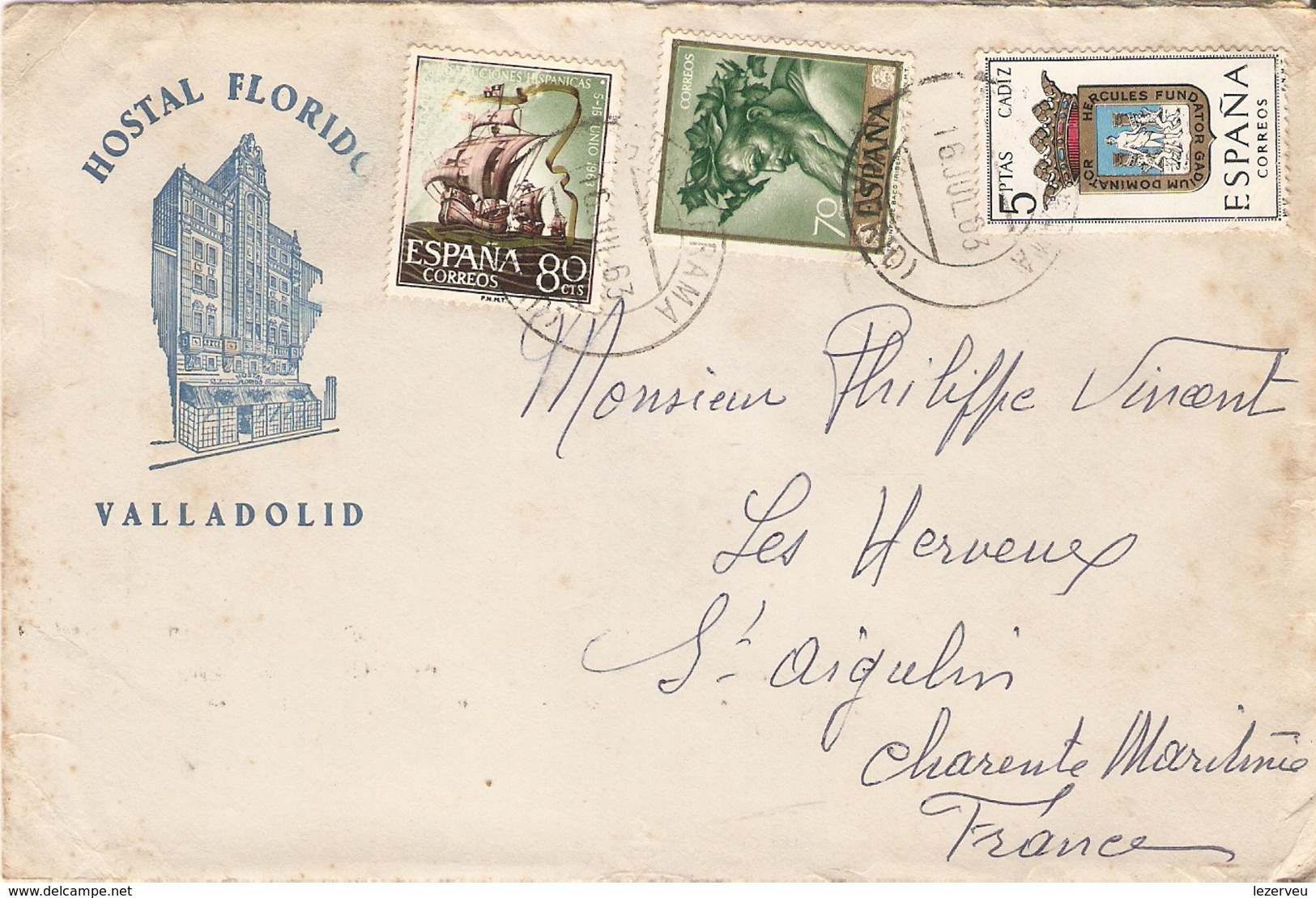 TIMBRE LETTRE ESPAGNE 1963 HOTEL FLORIDO VALLADOLID  POUR LA FRANCE - Cartas & Documentos