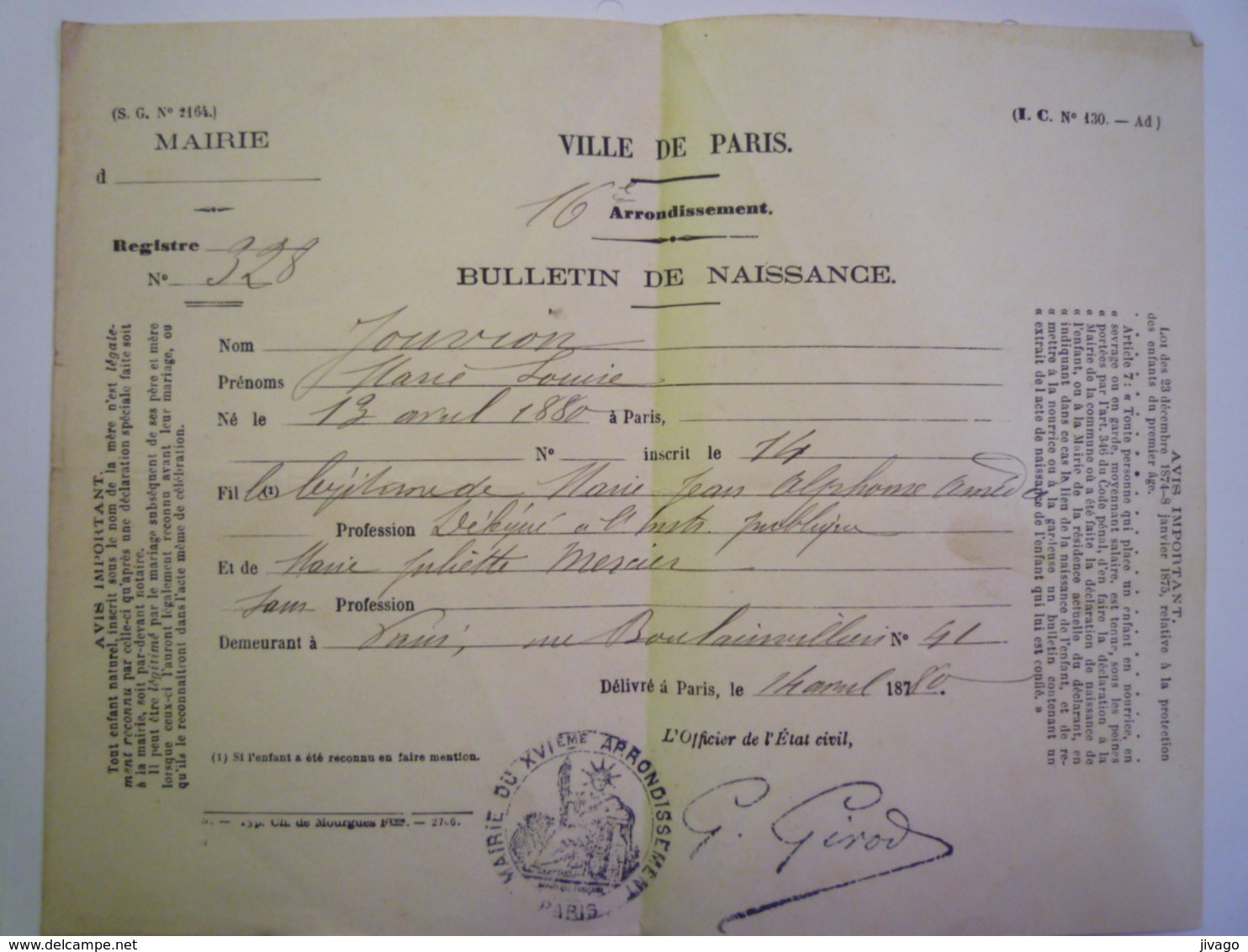 2020 - 5705  BULLETIN De NAISSANCE De Marie-Louise JOUVION Née à PARIS Le 13 Avril 1880   XXX - Non Classés