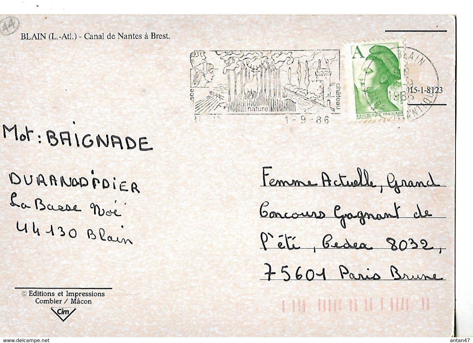 Carte 1986 / 44 BLAIN Canal De Nantes à Brest / Péniche BRETAGNE-DINAN - Houseboats