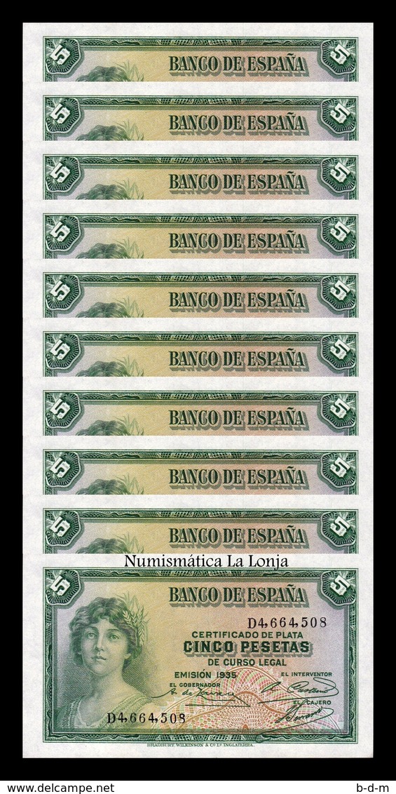 España Lot Bundle 10 Banknotes 5 Pesetas República 1935 Pick 85 Serie D SC UNC - 5 Pesetas
