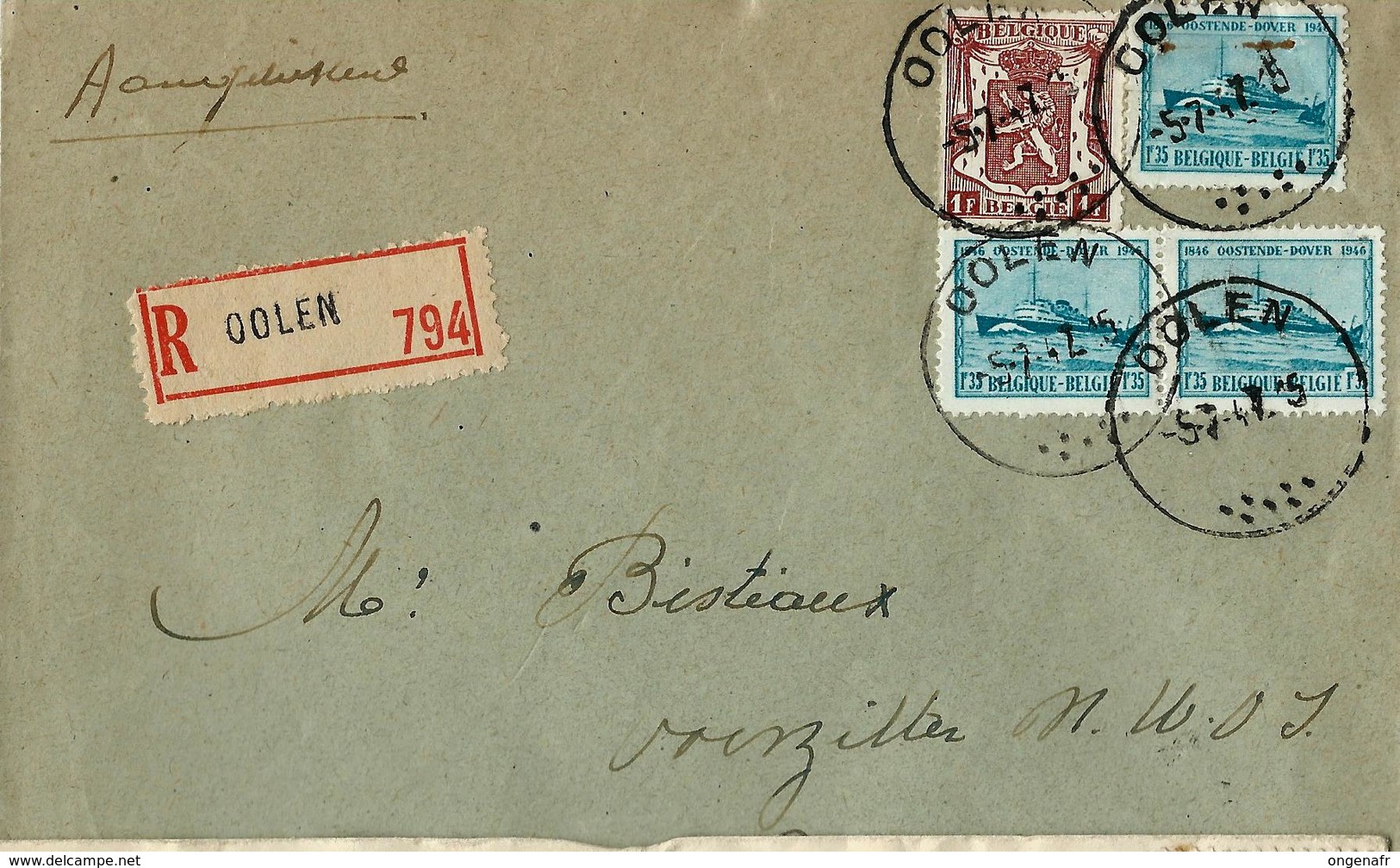 Doc. De OOLEN  Du 05/07/47  En Rec.   Avec 3 X N° 725 Ostende-Dover - Rural Post