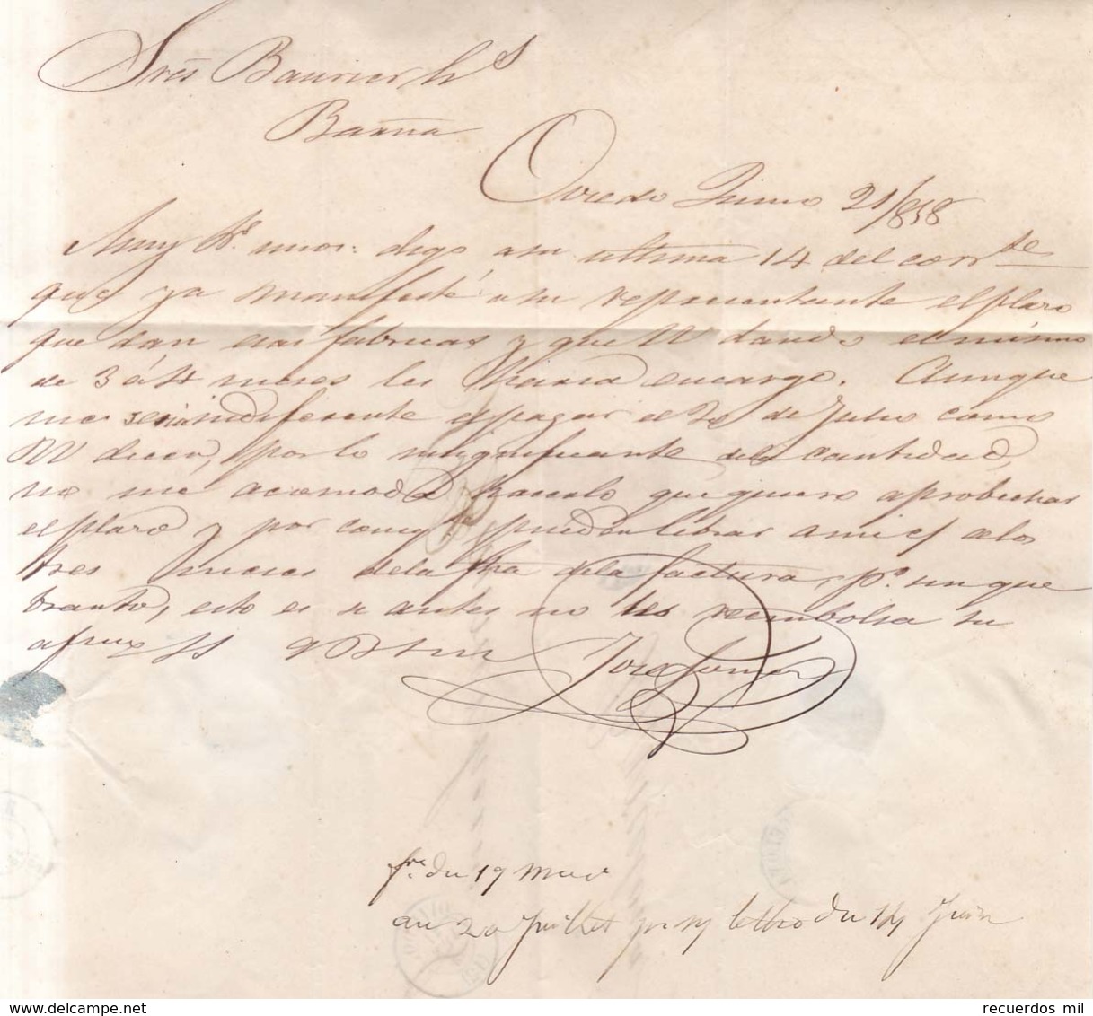 Año 1856 Edifil 48 Isabel II Carta Matasellos Rejilla  Oviedo - Covers & Documents