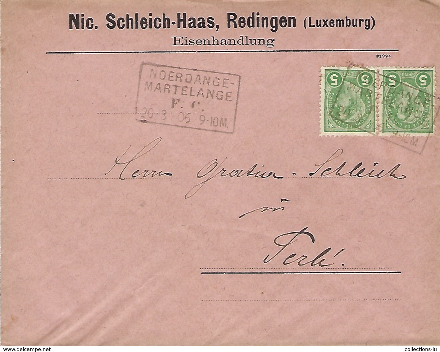 Luxembourg  Lettre 1906   NIC  SCHLEICH HAAS , REDINGEN  ( EISENHANDLUNG ) Cachet Spécial - 1895 Adolphe De Profil