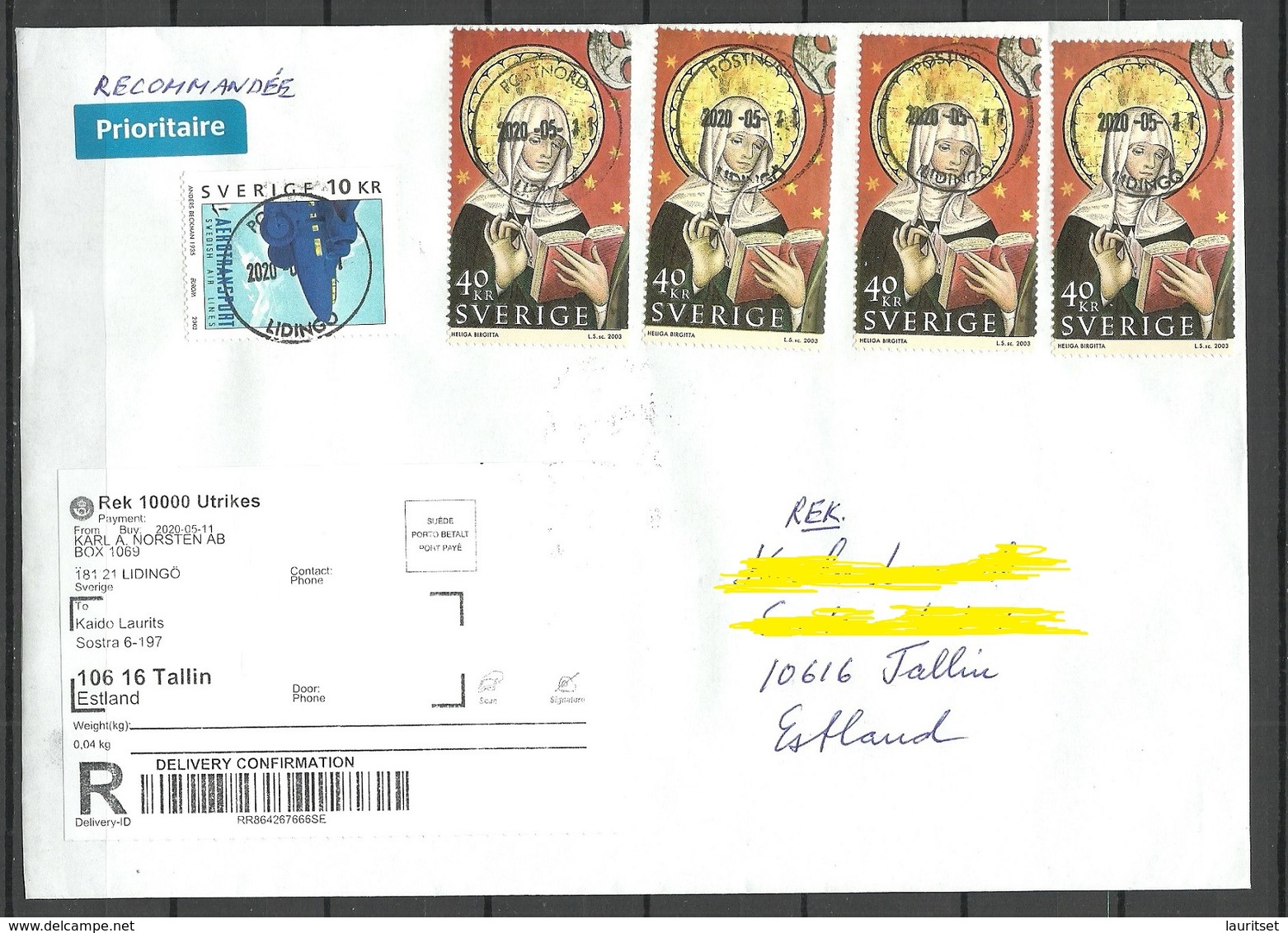 SCHWEDEN Sweden 2020 Registered Air Mail Cover To Estonia 4 X Michel 2360 Brigitta & Michel 2339 - Lettres & Documents