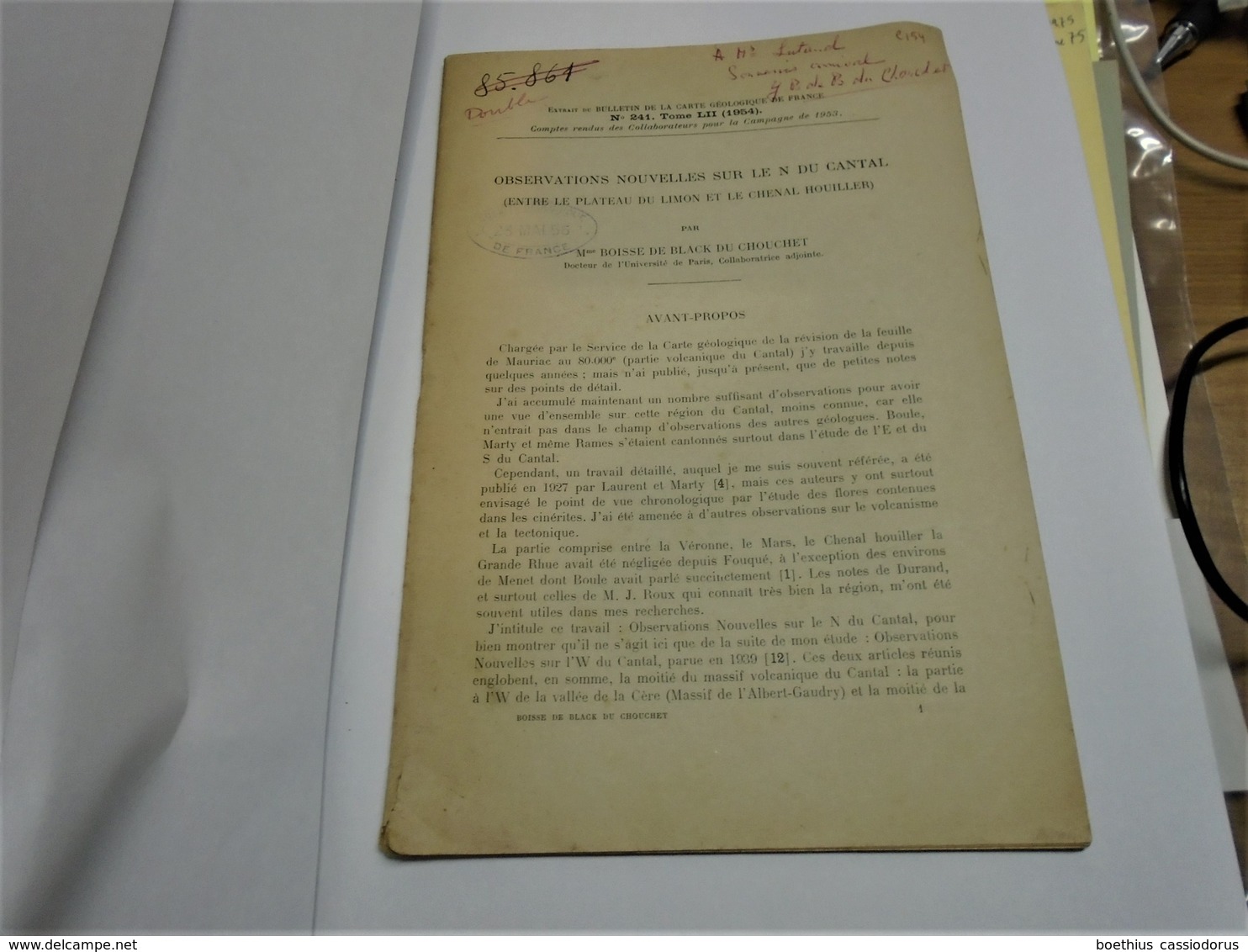 OBSERVATIONS SUR LE N DU CANTAL (entre Plateau Du Limon Et Chenal Houiller) Mme BOISSE DE BLACK DU CHOUCHET 1954 - Auvergne