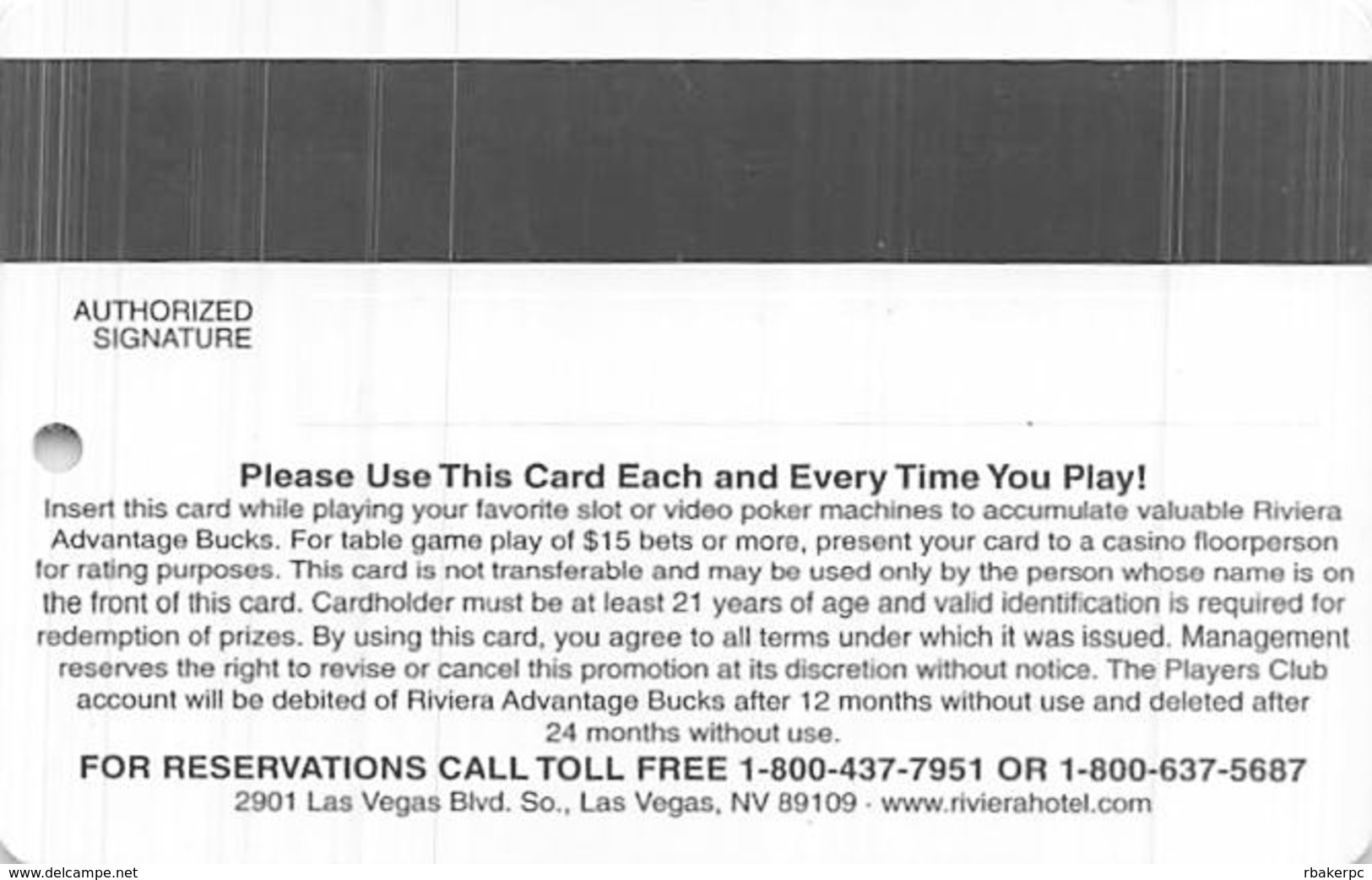 Riviera Casino - Las Vegas, NV - Slot Card -$15 MIN BET Sticker - Tarjetas De Casino