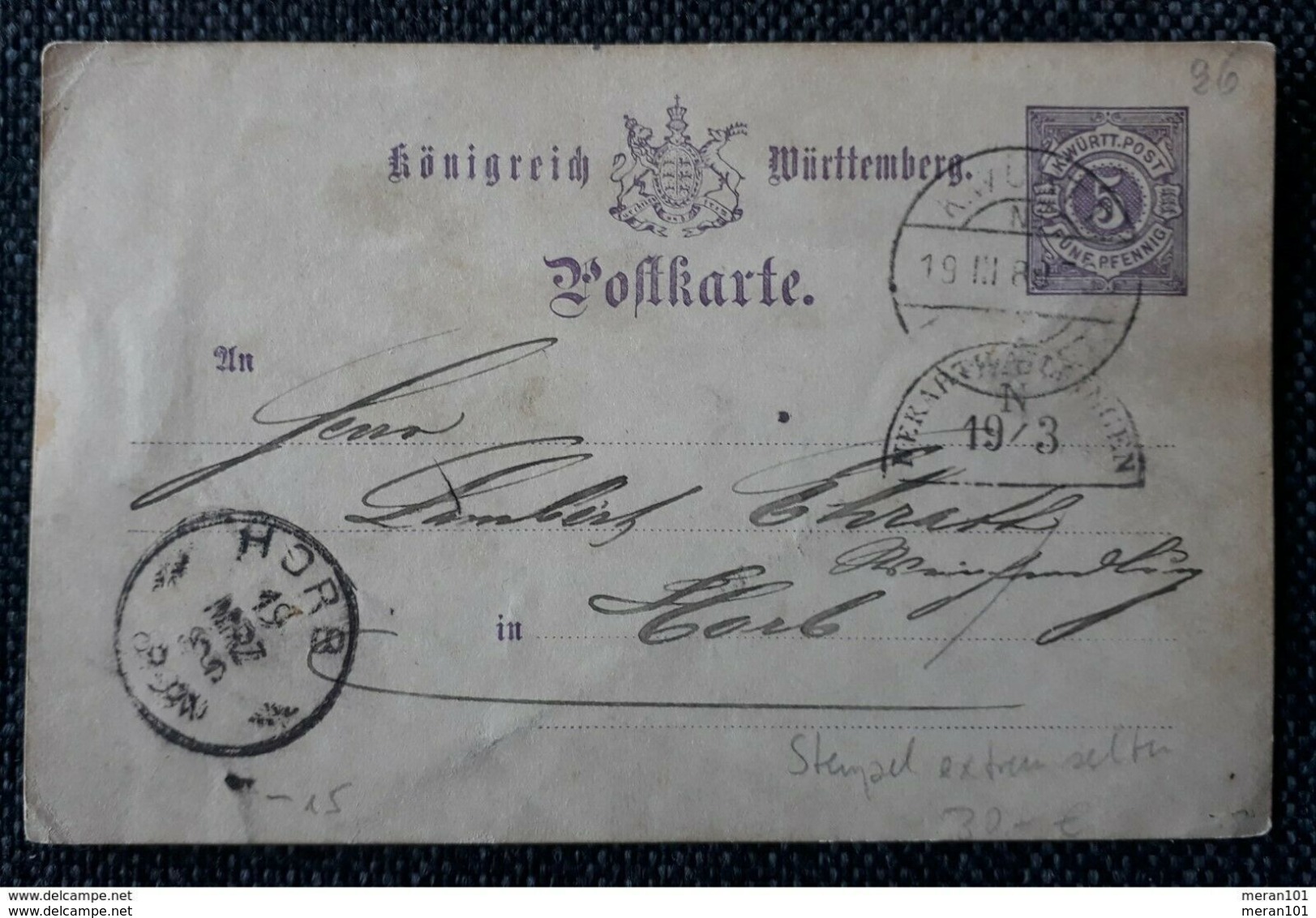 Württemberg 1889, Postkarte Seltener Bogenstempel Gelaufen HORB - Sonstige & Ohne Zuordnung