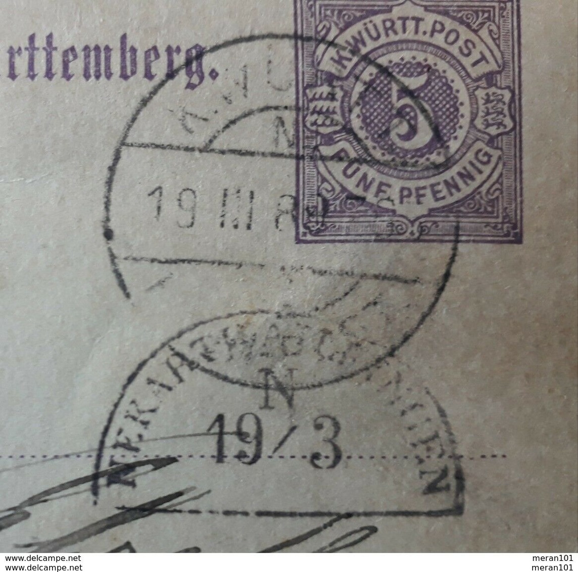 Württemberg 1889, Postkarte Seltener Bogenstempel Gelaufen HORB - Sonstige & Ohne Zuordnung