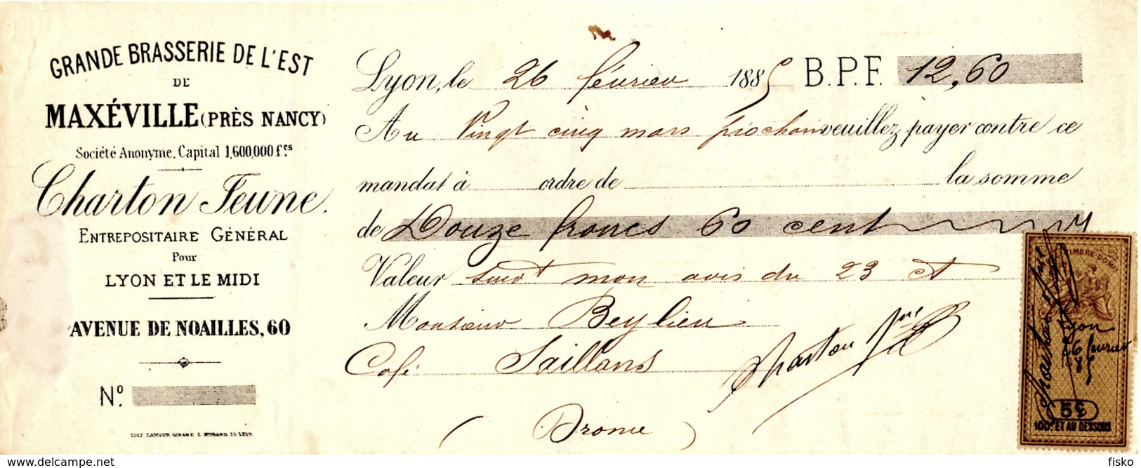 Brasserie De MAXEVILLE  (Près Nancy)  CHARTON  JEUNE   1885 - Lettres De Change