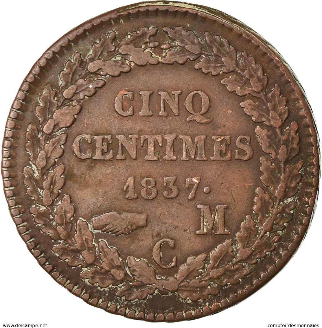 Monnaie, Monaco, Honore V, 5 Centimes, Cinq, 1837, Monaco, TB+, Cuivre - Charles III.