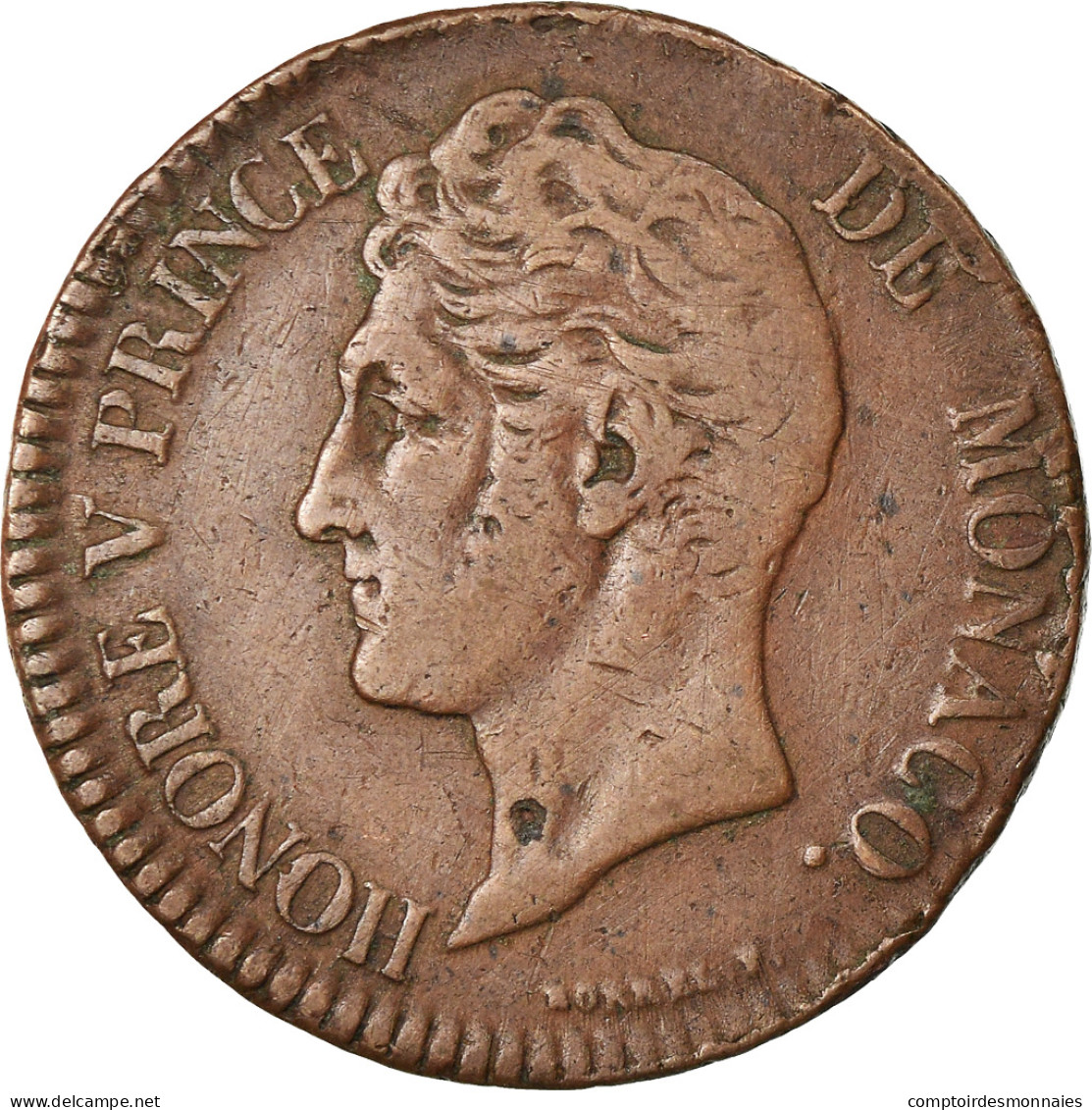 Monnaie, Monaco, Honore V, 5 Centimes, Cinq, 1837, Monaco, TB+, Cuivre - Charles III.