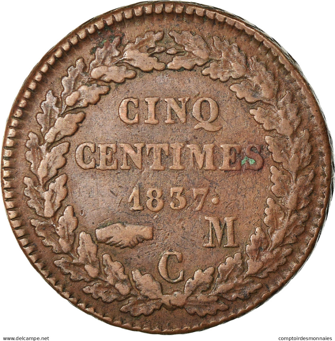 Monnaie, Monaco, Honore V, 5 Centimes, Cinq, 1837, Monaco, TB+, Cuivre - Charles III.