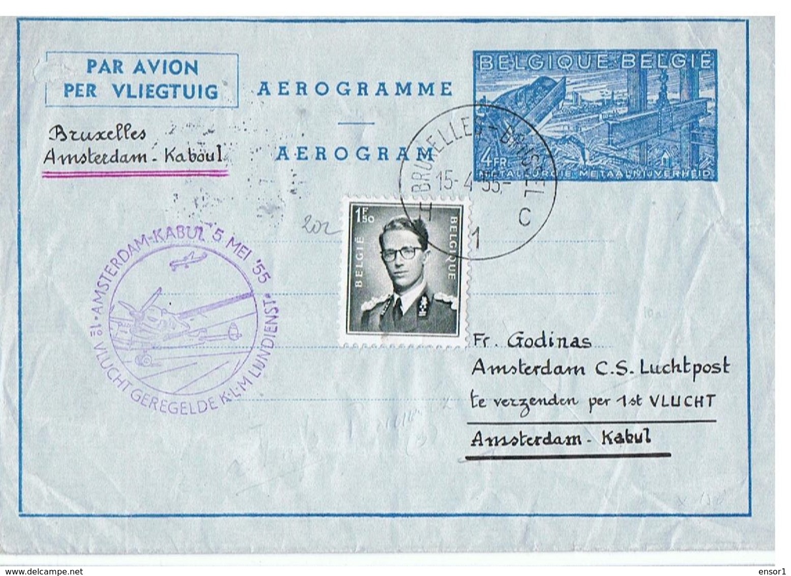 België 1955 Aerogram Brussel Amsterdam Kaboel - Aerogrammi