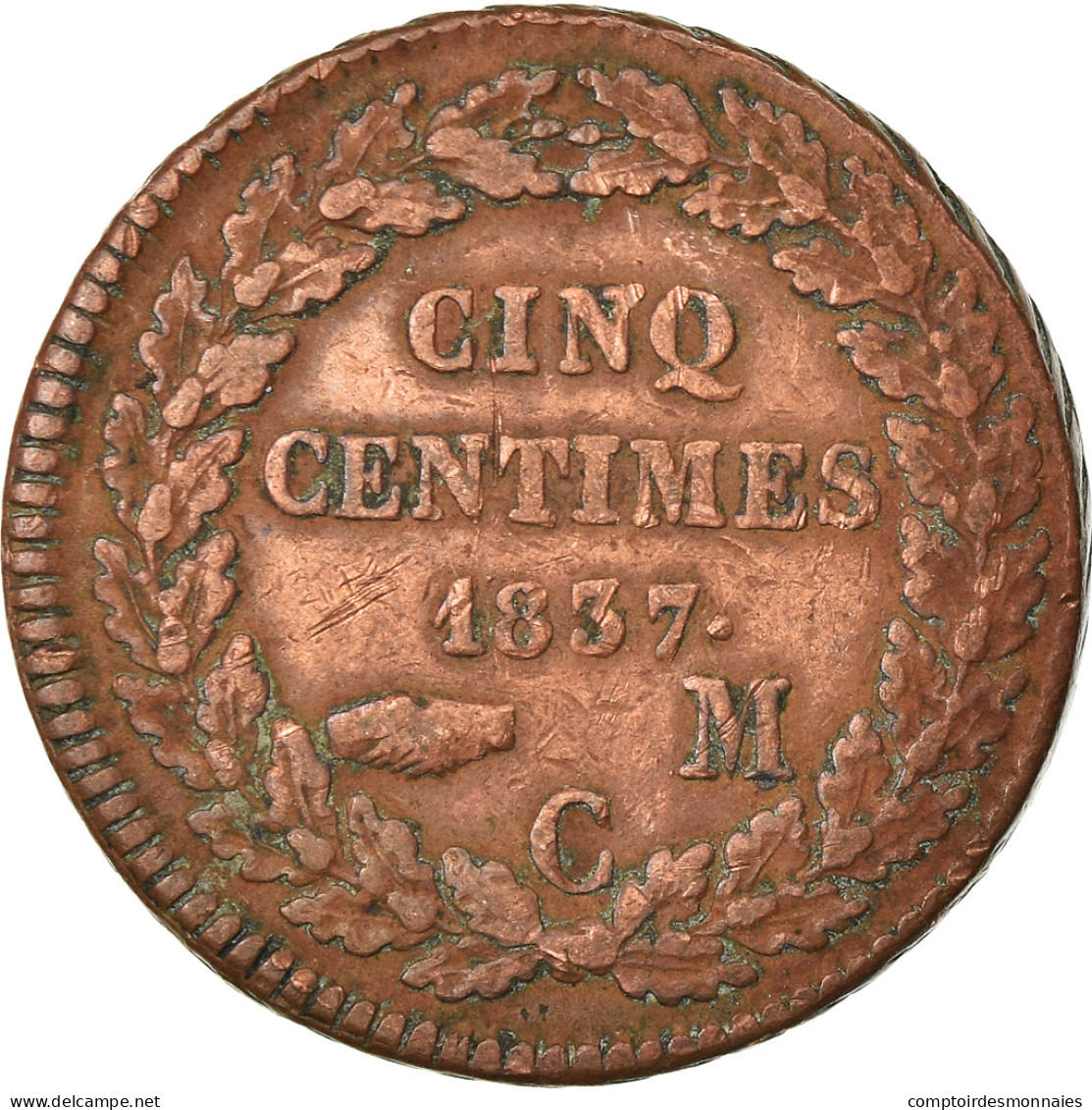 Monnaie, Monaco, Honore V, 5 Centimes, Cinq, 1837, Monaco, TB+, Cuivre - Charles III.
