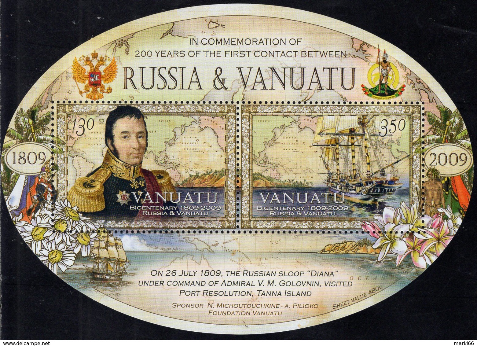 Vanuatu - 2009 - Bicentenary Of First Contact Between Vanuatu And Russia - Mint Souvenir Sheet - Vanuatu (1980-...)