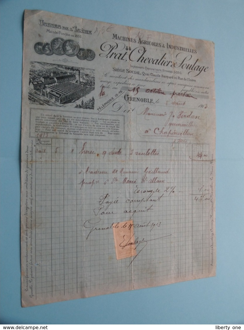 PRAT, CHEVALIER & SOULAGE Usines De L'Isére ( Grenoble ) Machines Agricoles ( Fact. ) Anno 1913 ( Zie/voir Photo) ! - Autres & Non Classés
