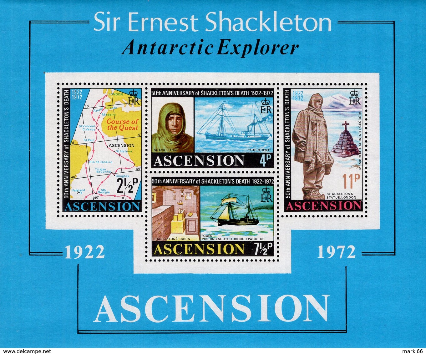 Ascension Island - 1972 - Sir Ernest Shackleton, Antarctic Explorer - Mint Souvenir Sheet - Ascension