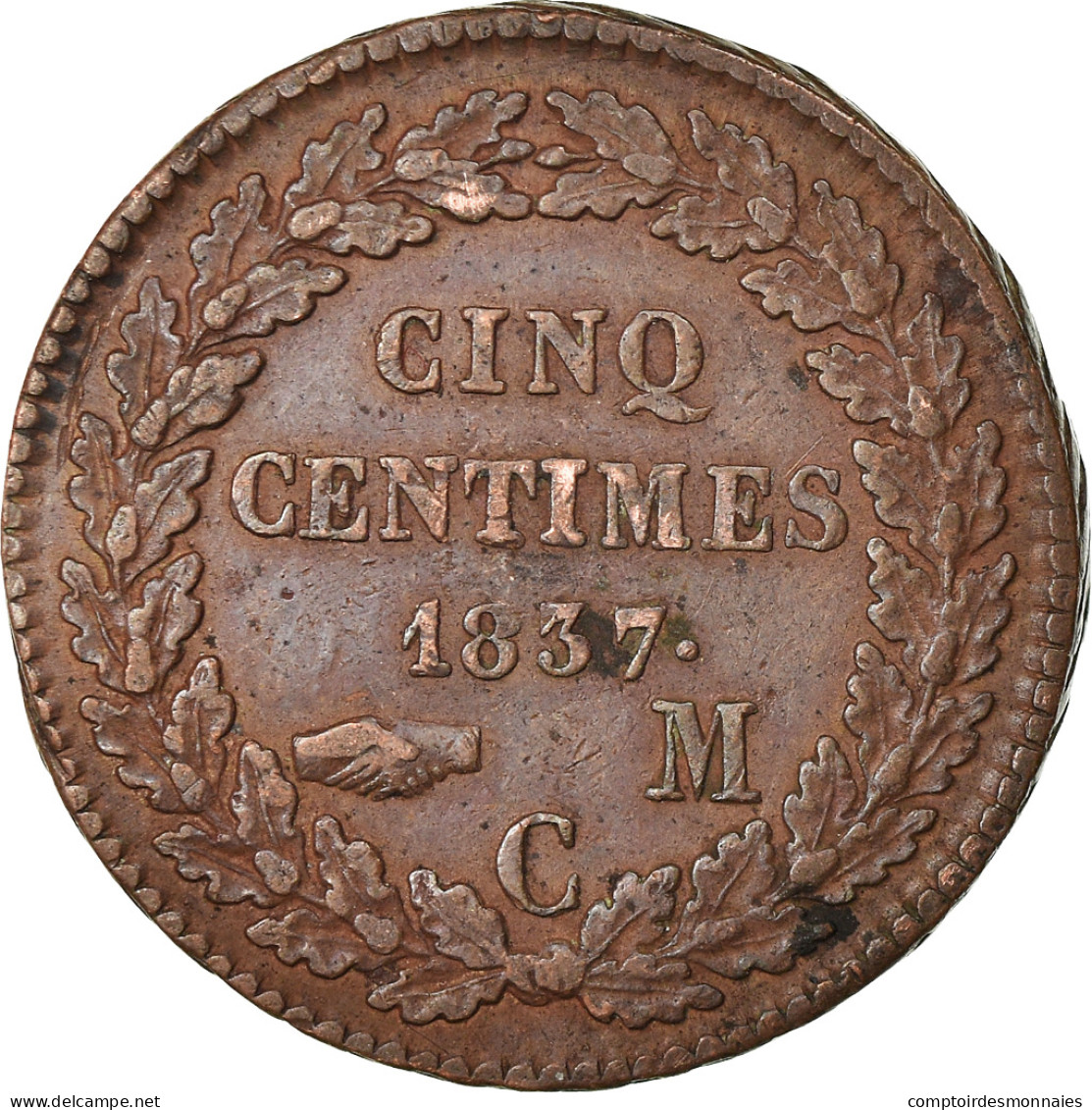 Monnaie, Monaco, Honore V, 5 Centimes, Cinq, 1837, Monaco, TTB, Cuivre - 1819-1922 Honoré V, Charles III, Albert I