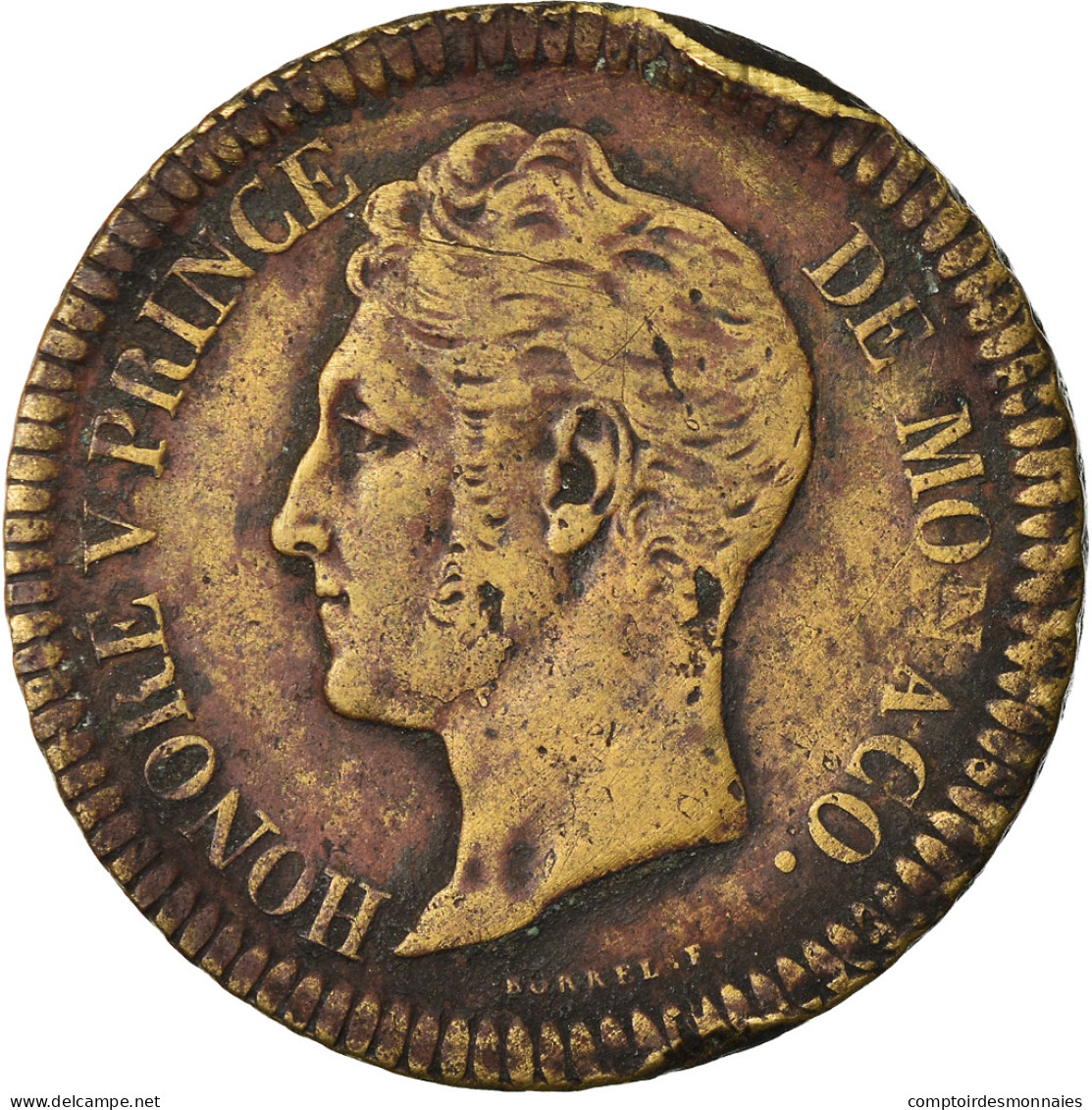 Monnaie, Monaco, Honore V, Decime, 1838, Monaco, Cuivre Jaune, TB+, Cuivre - Charles III.