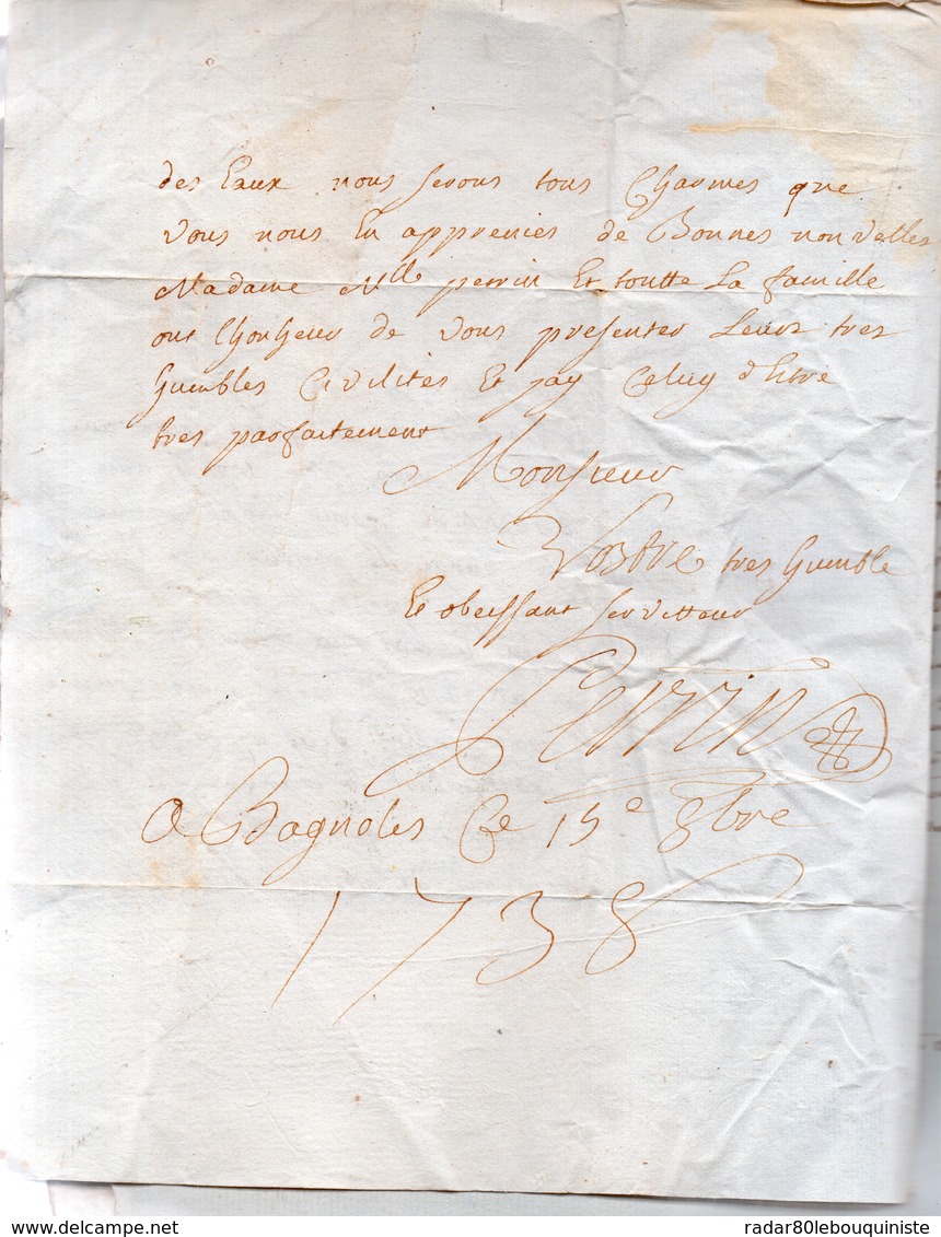 PERRIN à BAGNOLES De L'Orne 19-10-1738.Lettre Manuscrite Signée.Envoyée à Monsieur Du Motté,conseiller Du Roi à Falaise. - Autres & Non Classés