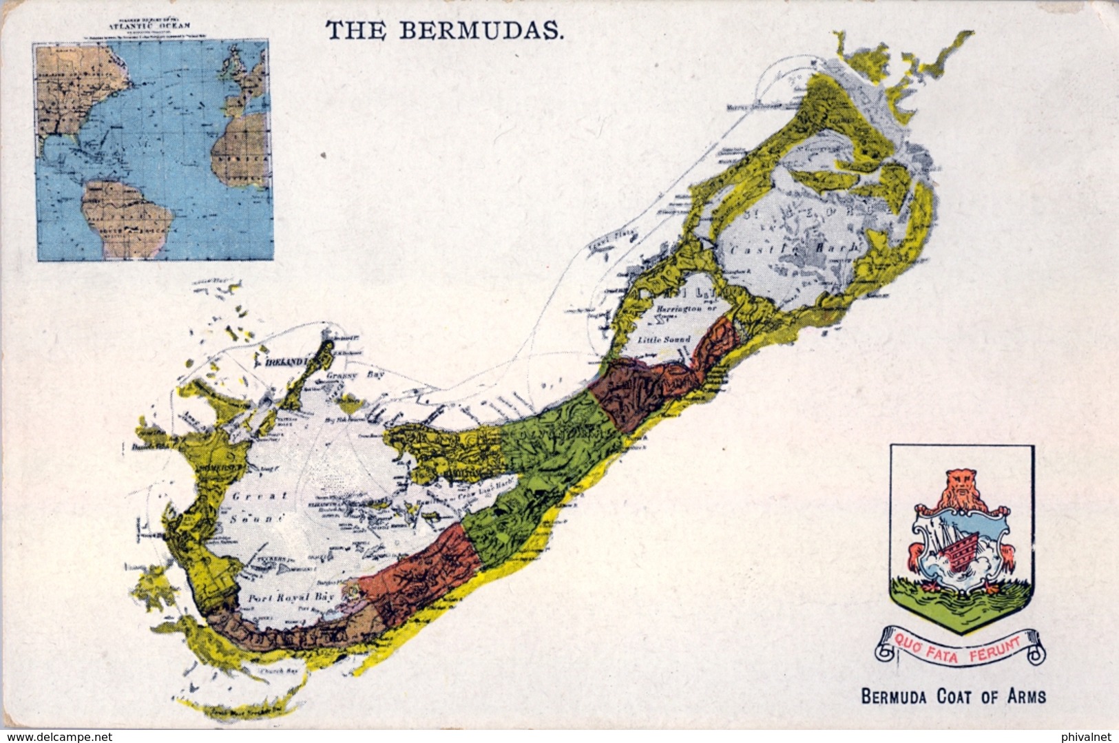 BERMUDA / BERMUDAS , T.P.  NO CIRCULADA , COAT OF ARMS , ESCUDO DE ARMAS Y MAPA DE LA ISLA - Bermuda