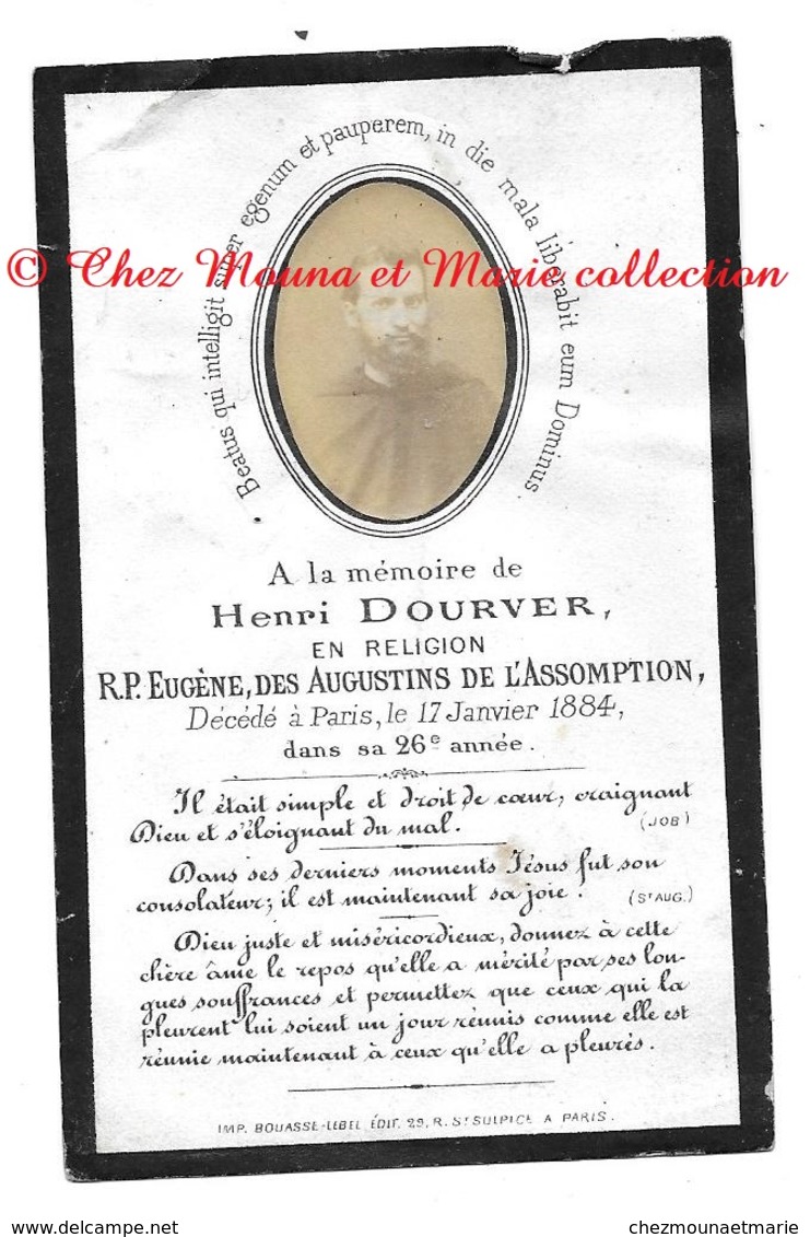 RELIGIEUX EUGENE HENRI DOURVER NE A MORLAIX 1838 DCD A PARIS 17 JANVIER 1884 - AUGUSTINS DE L ASSOMPTION AVIS DE DECES - Identifizierten Personen