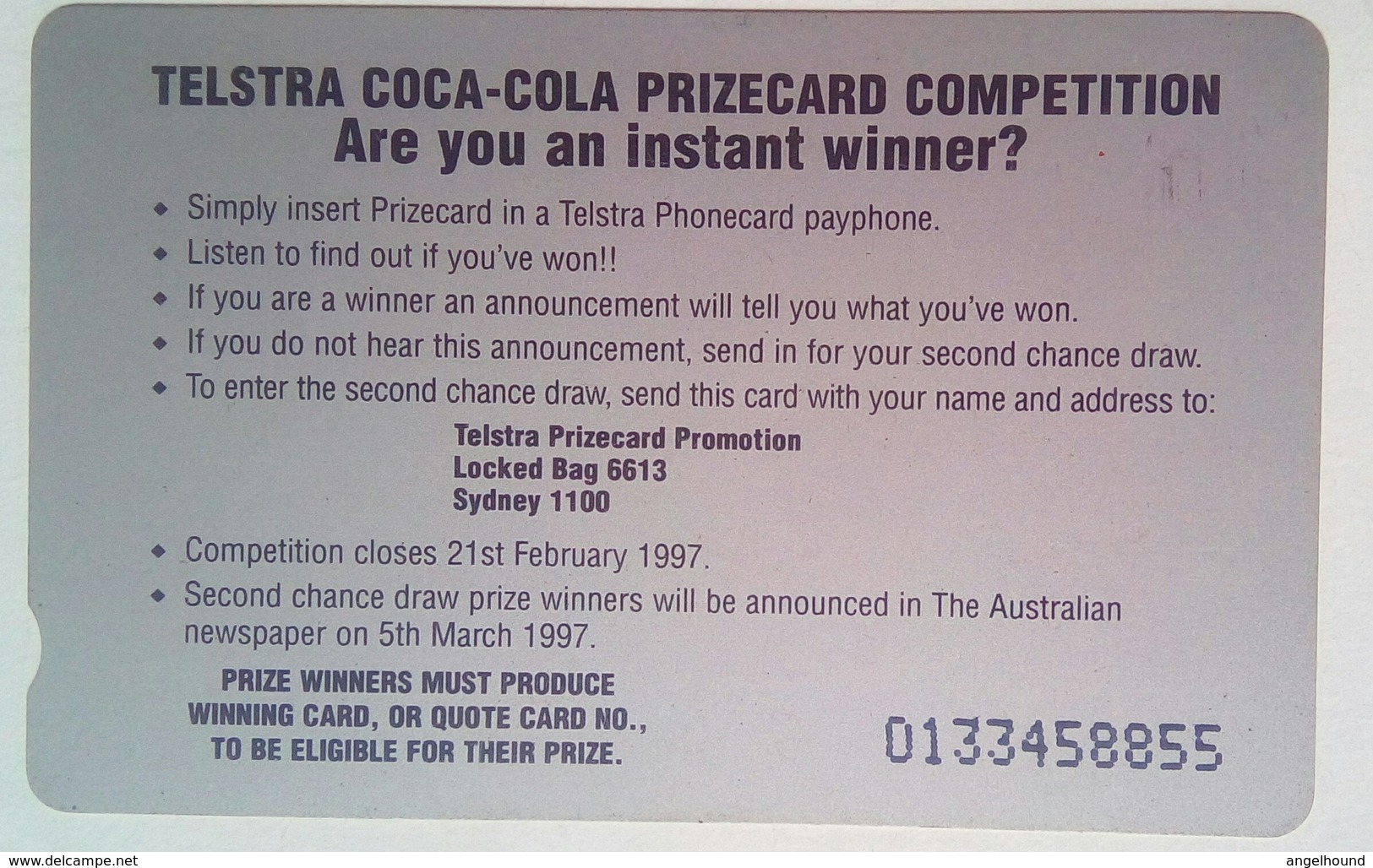 Australia Coca Cola Prizecard - Australia