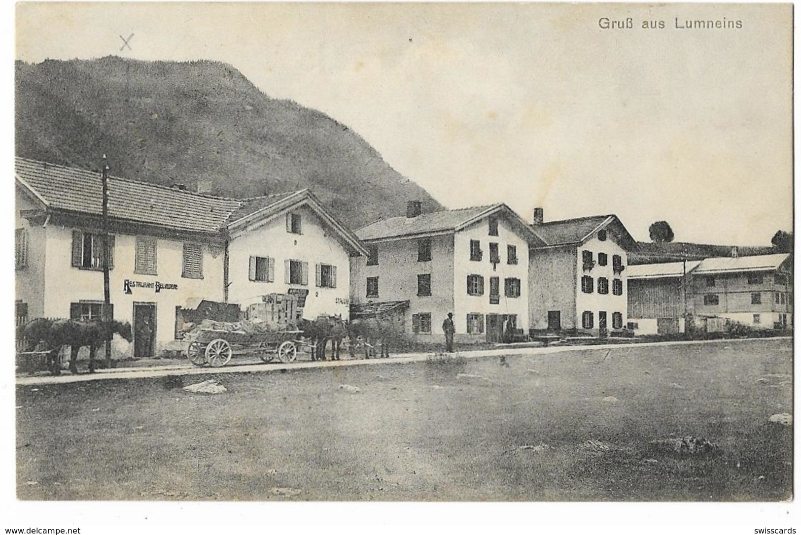 Gruss Aus LUMNEINS Trun: Restaurant Belvedere Mit Pferde-Fuhrwerken ~1910 - Trun