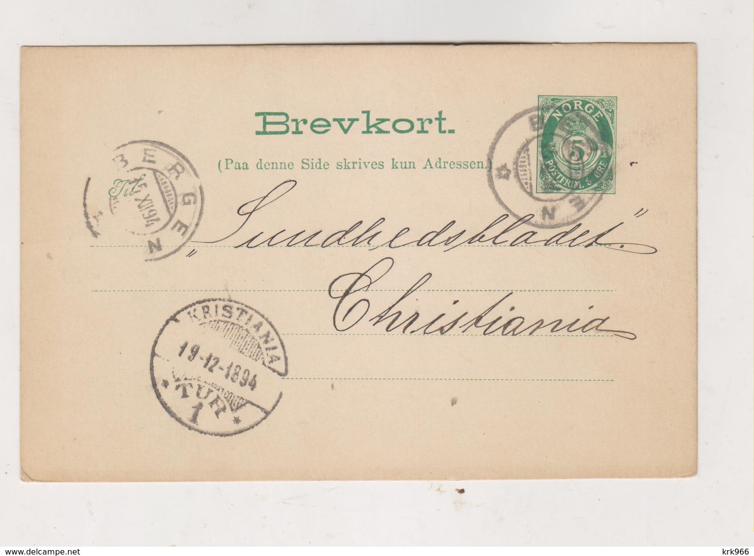 NORWAY 1894 BERGEN Postal Stationery - Lettres & Documents