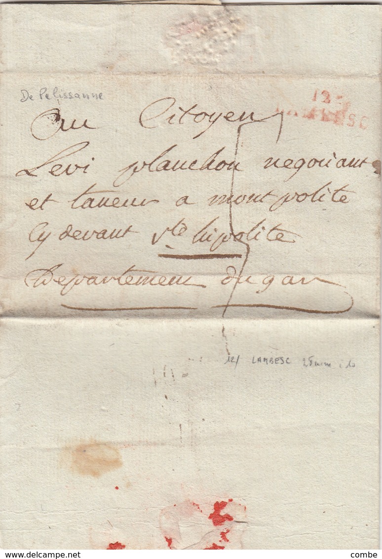 LETTRE. 17 PLUVIOSE AN 6. DE PELLISSANE  OUCHES-DU-RHONE. MARQUE ROUGE 12/LAMBESC 28mm POUR ST HYPOLITE GARD - 1701-1800: Precursors XVIII