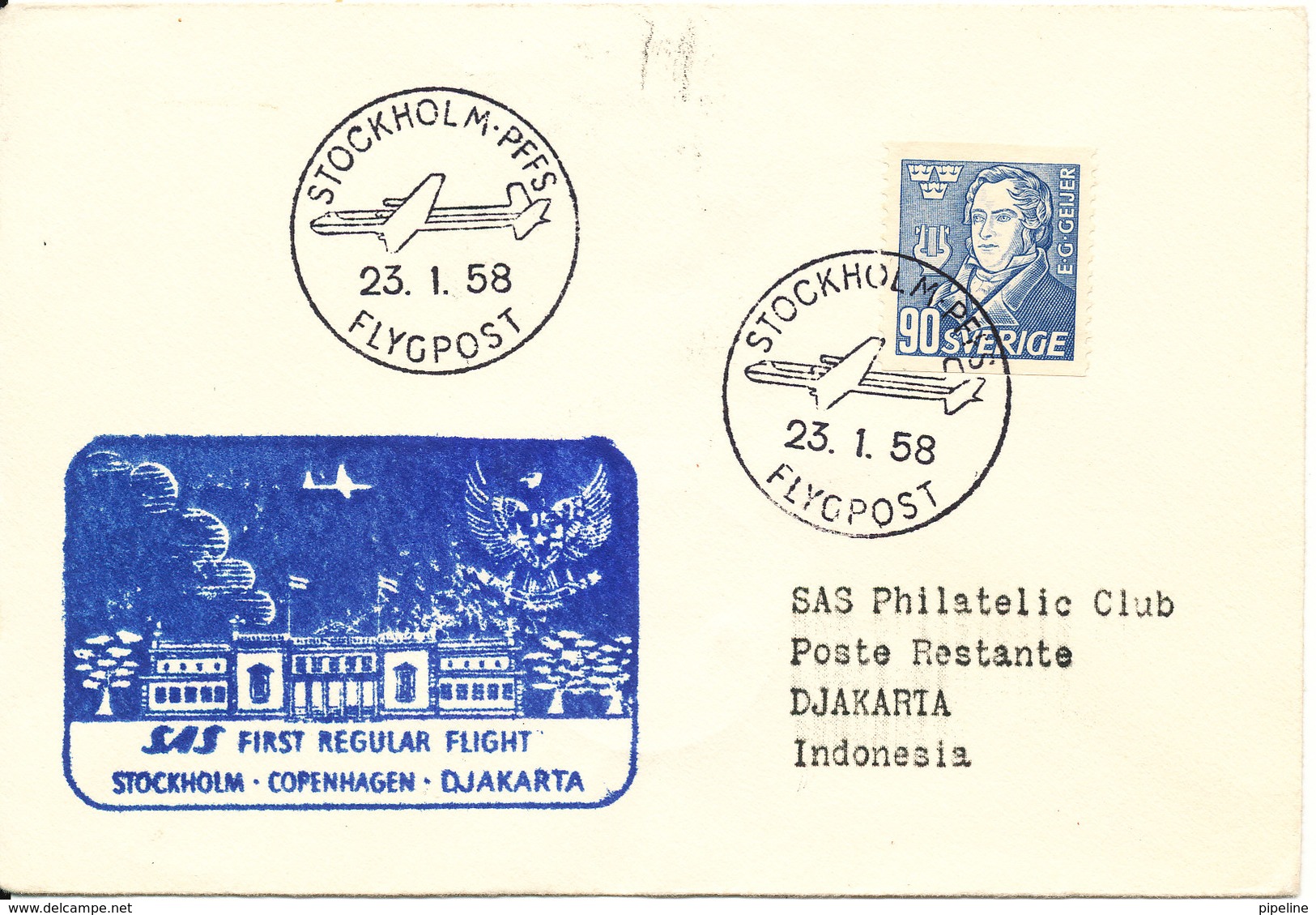 Sweden First SAS Regular Flight Stockholm - Copenhagen - Djakarta 23-1-1958 - Lettres & Documents