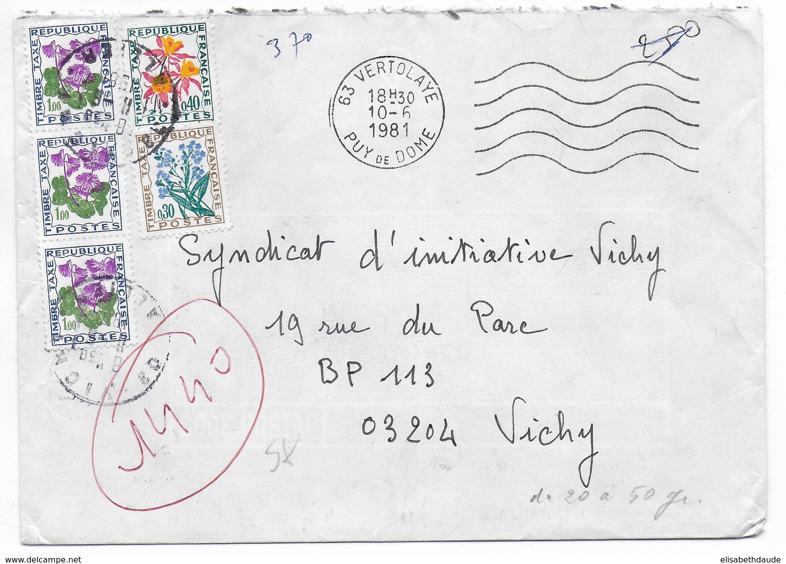 1981 - TAXE FLEURS 3F70 ! Sur ENVELOPPE NON AFFRANCHIE De VERTOLAYE (PUY DE DOME) => VICHY - 1960-.... Lettres & Documents