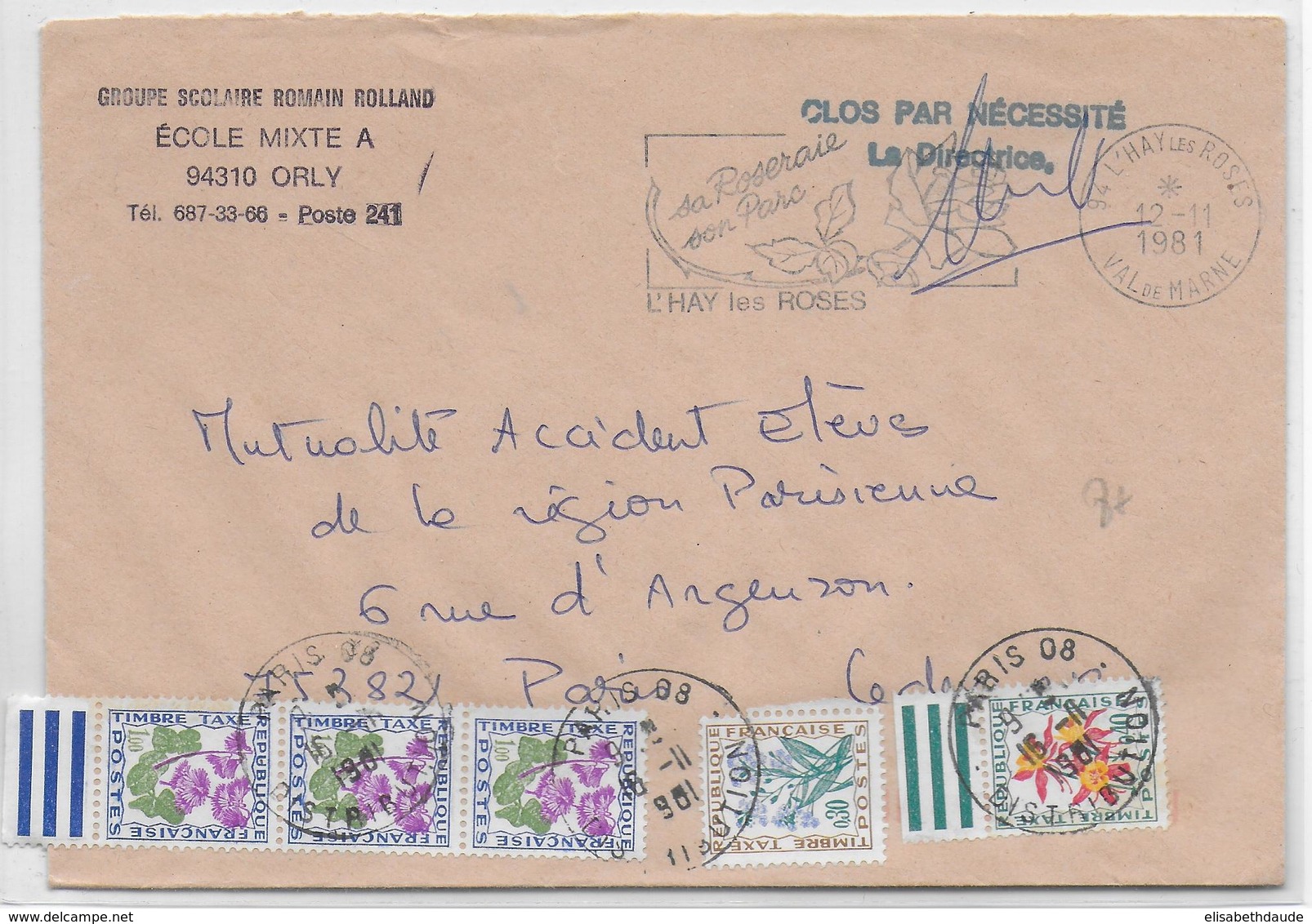 1981 - TAXE FLEURS 3F70 ! Sur ENVELOPPE De L'HAY LES ROSES => PARIS - 1960-.... Briefe & Dokumente