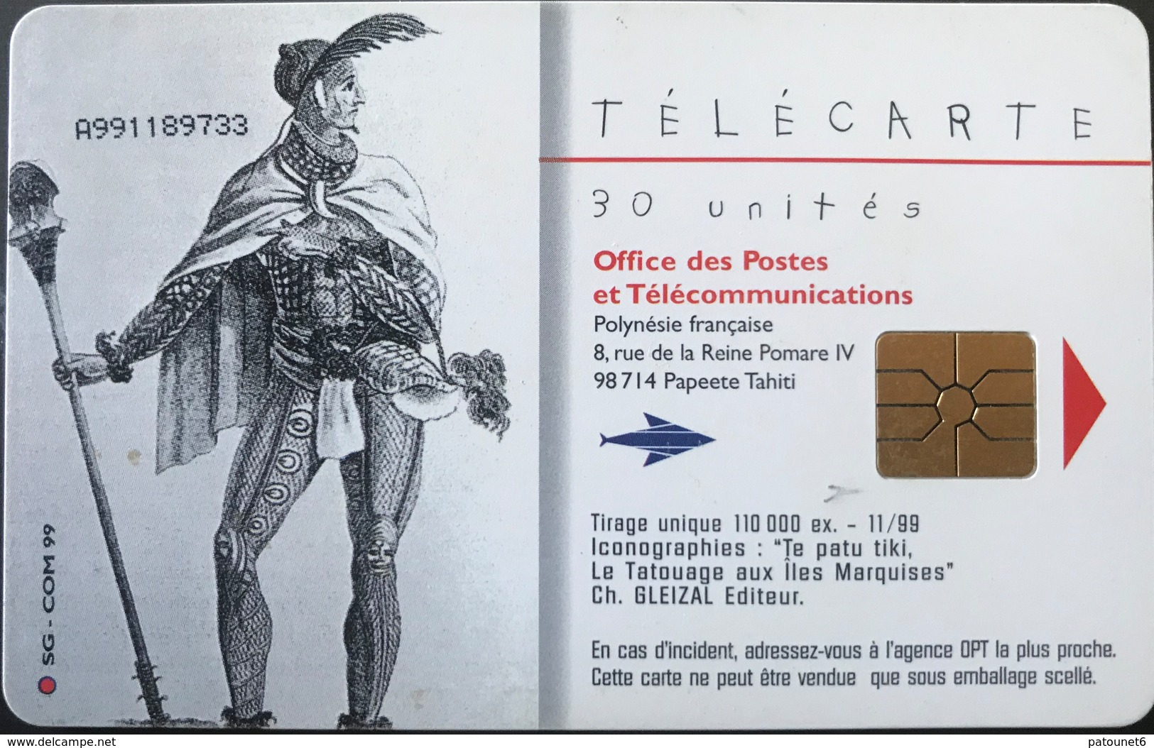 POLYNESIE FRANCAISE  -  PhoneCard  - Tatouage Tino  - 30 Unités  -  PF  91 - Französisch-Polynesien