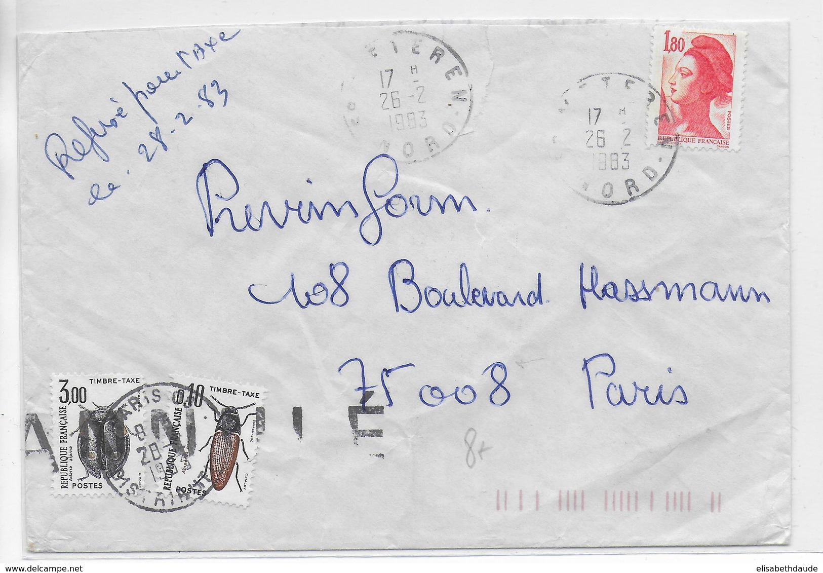 1983 - TAXE INSECTES 3F10  Sur ENVELOPPE De METEREN (NORD) => PARIS - REFUSE => MARQUE ANNULE Sur TAXE - 1960-.... Storia Postale