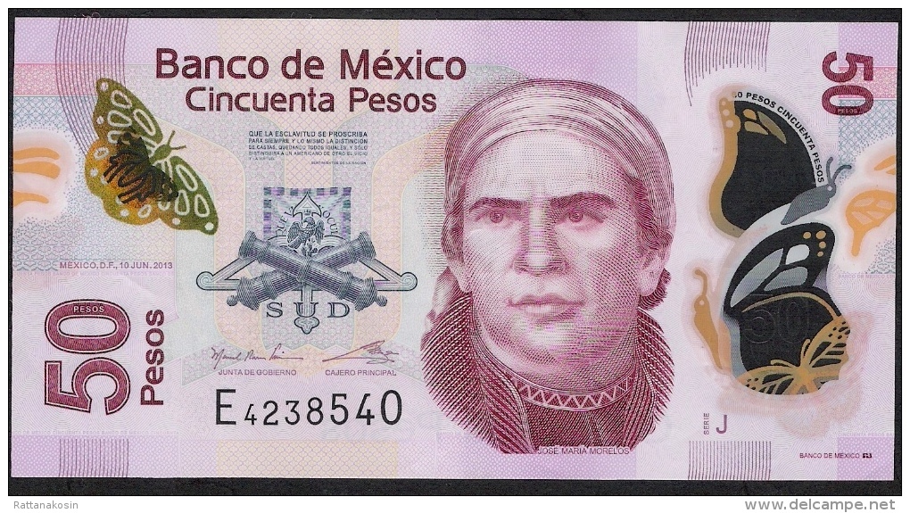 MEXICO  P123Ac 50  PESOS  10.6.2013 SERIE J         VF Folds - Mexique