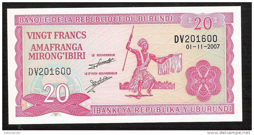 BURUNDI    P27d   20  FRANCS    2007    UNC. - Burundi