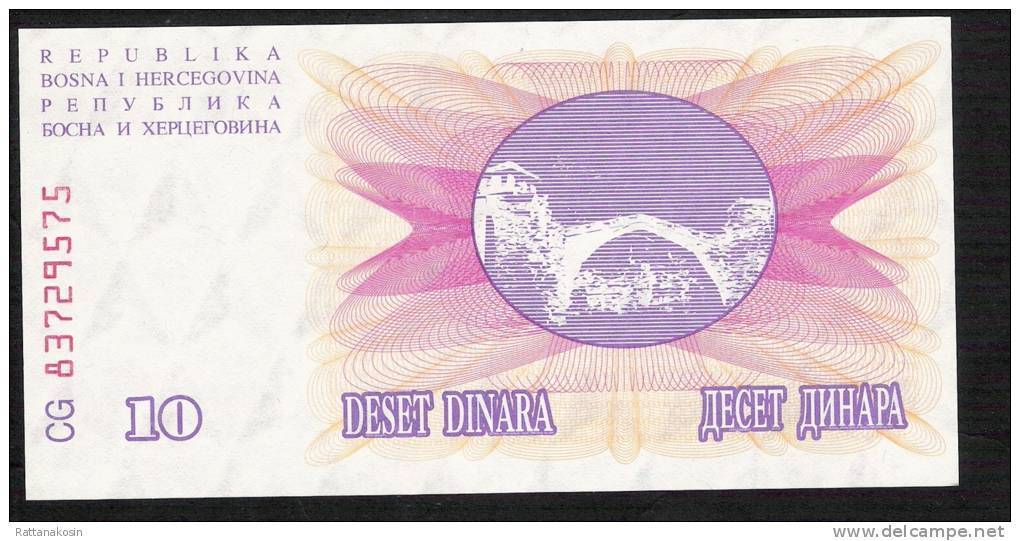 BOSNIA HERZEGOVINA   P10  10  DINARA    1992   UNC. - Bosnia And Herzegovina