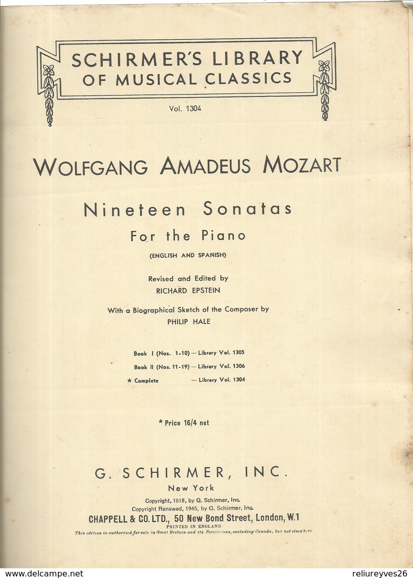 Partition ,N° Vol. 1304 ,Mozart ,Nineleen Sonatas For The Piano, Ed. Schirmer's Library Of Muc Classics - M-O