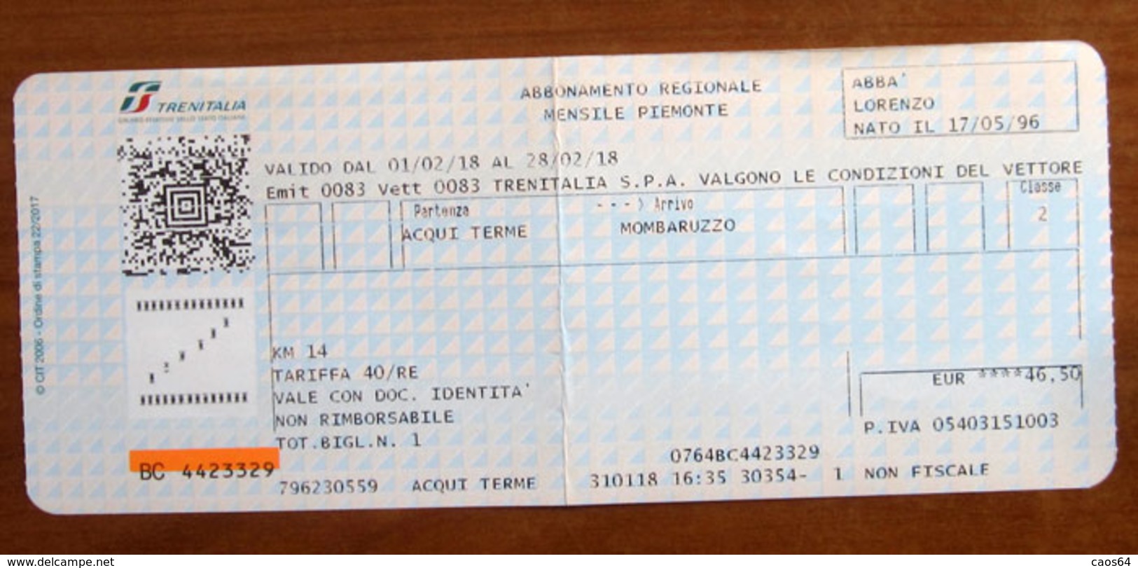 ITALIA Ticket  Trenitalia Abbonamento Mensile Piemonte KM 14 Acqui Terme / Mombaruzzo  - Usato 2018 - Europe