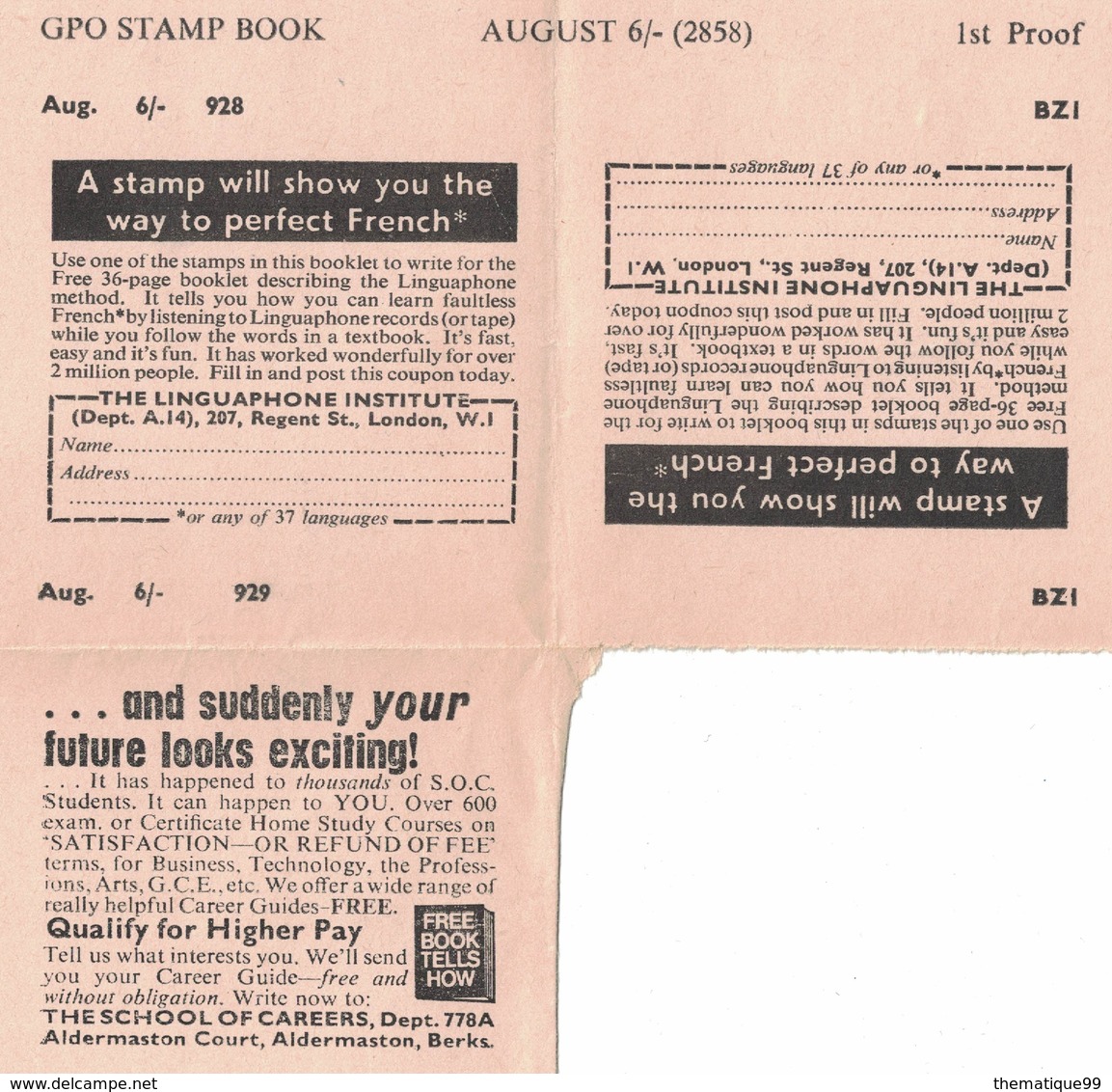 Epreuve De Feuillet Avec Publicité Pour Carnet De Timbre Anglais : Langue Disque Cassette Linguaphone Livre Ecole RR - Andere & Zonder Classificatie