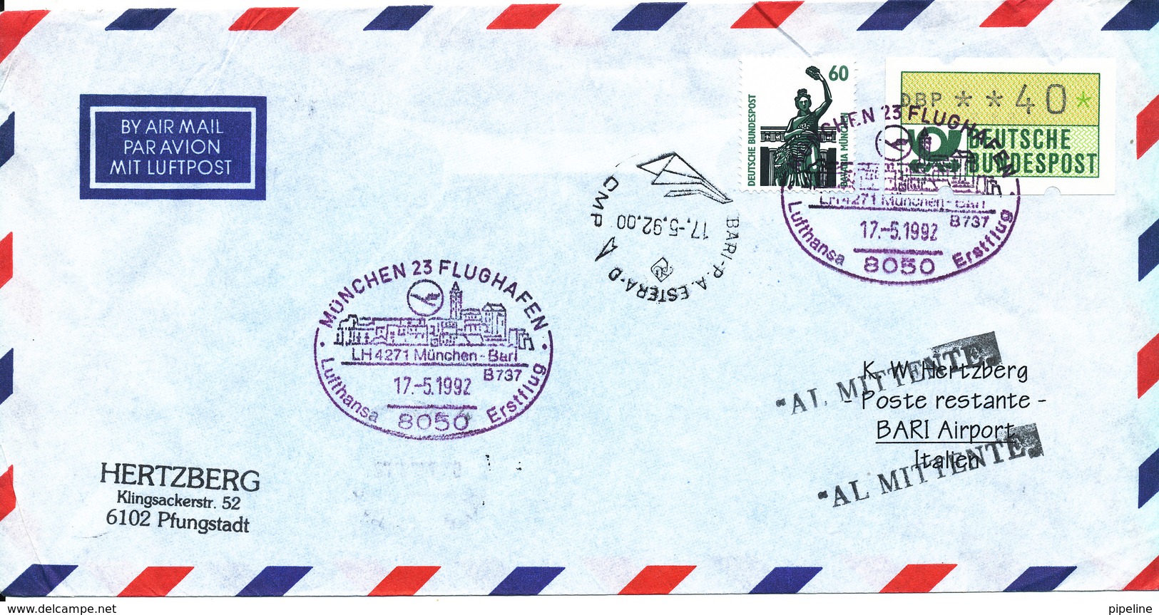 Germany Air Mail Cover Lufthansa Flight LH 4271 Boeing 737 München - Bari 17-5-1992 - Storia Postale