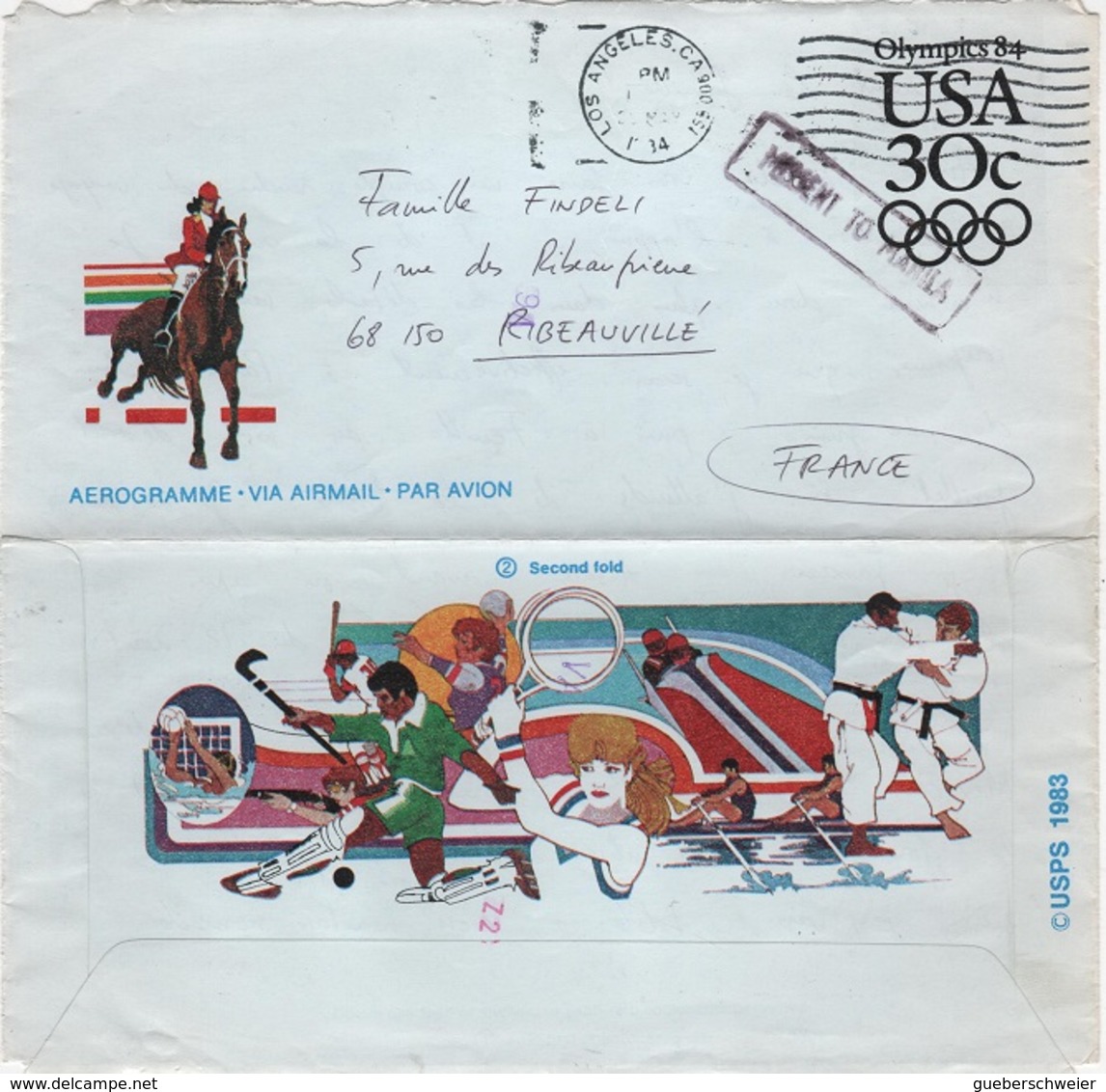 JO84-E/L13 - ETATS-UNIS Aérogramme JO Los Angeles Equitation Obl. Pour La France - 1981-00