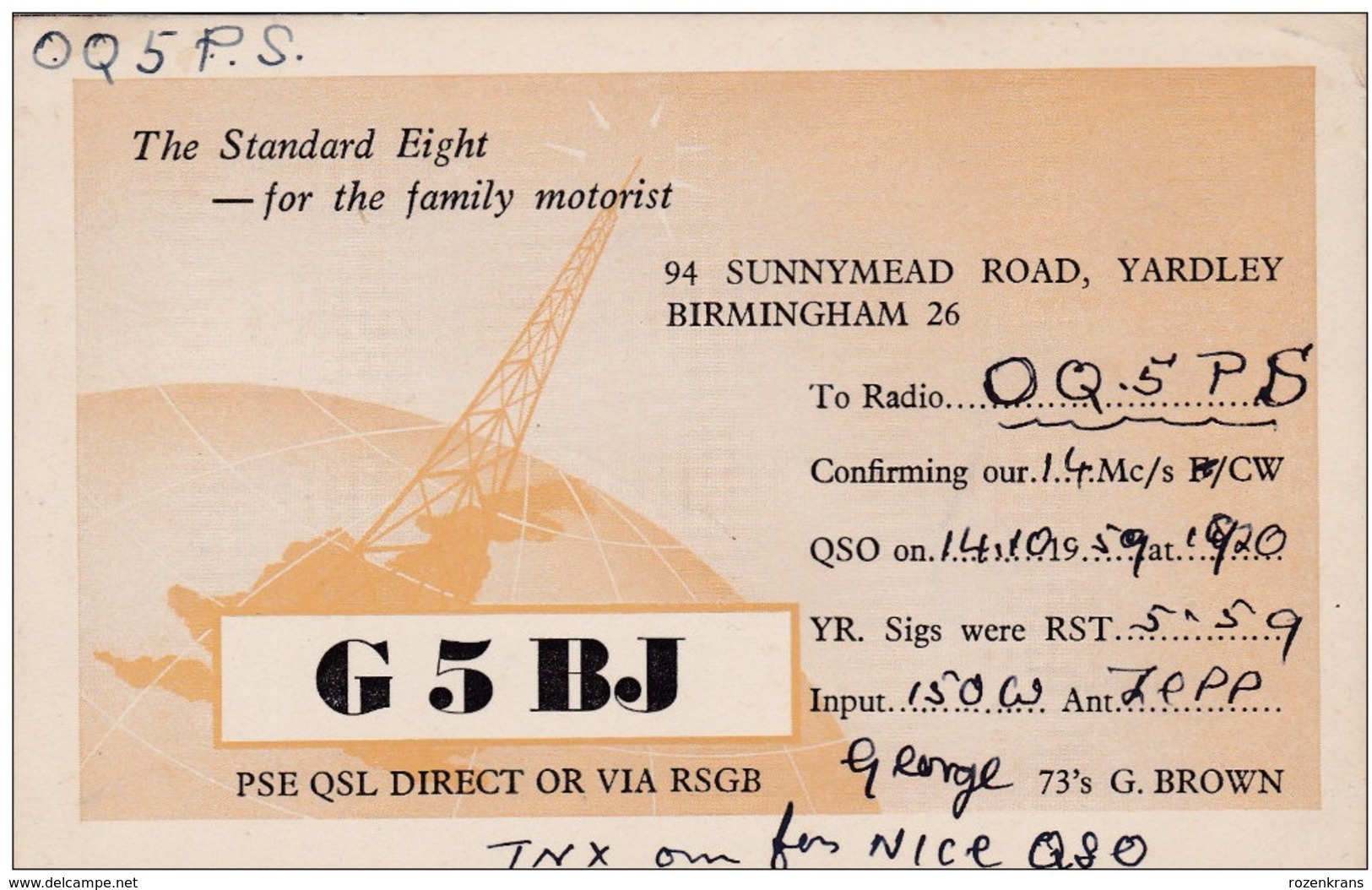 QSL Card Amateur Radio Funkkarte CB Yardley 1959 Birmingham Oldtimer Old Car Vintage Retro '50s Standard Eight Ten 8 10 - Amateurfunk