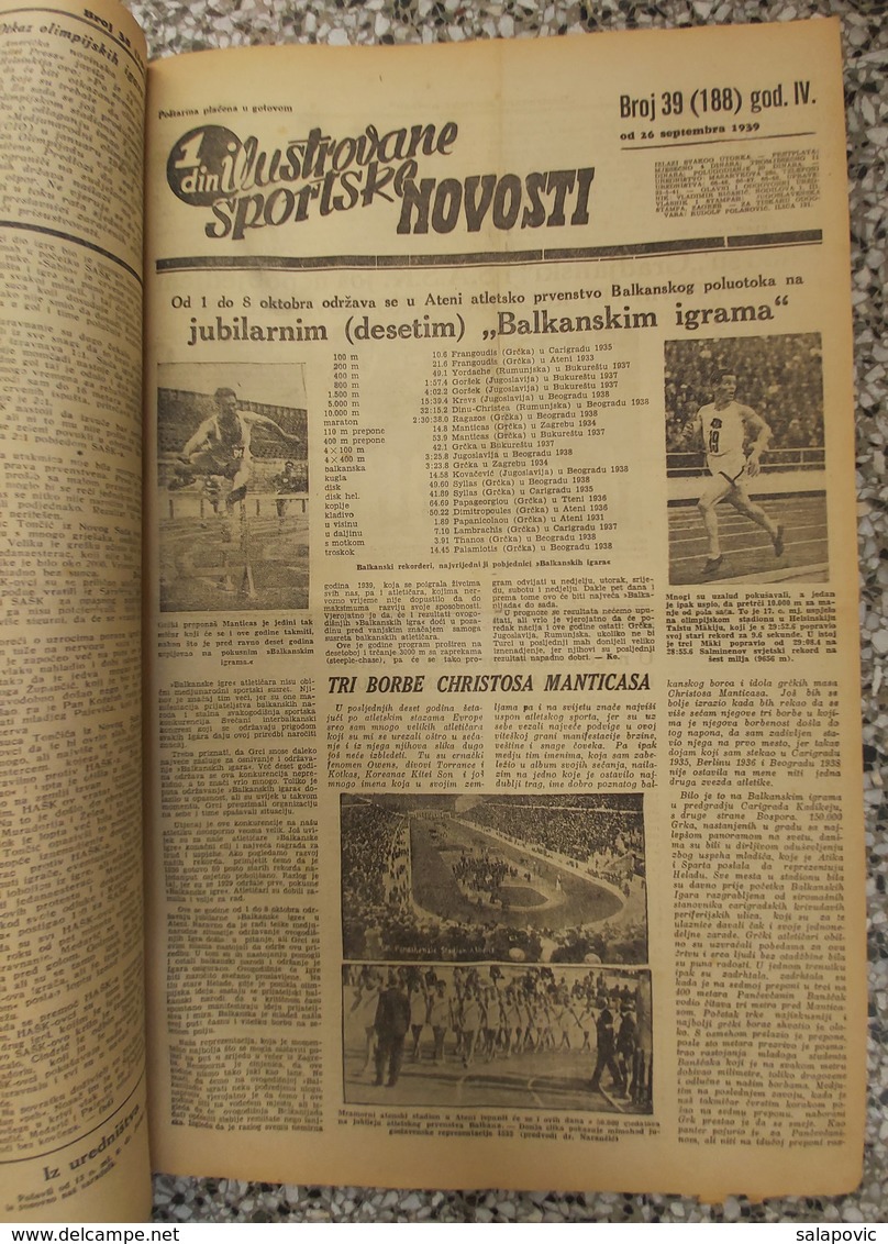 ILUSTROVANE SPORTSKE NOVOSTI 1939 UVEZANO 48 BROJEVA KINGDOM OF YUGOSLAVIA, BANDED 48 NUMBER  Rrare