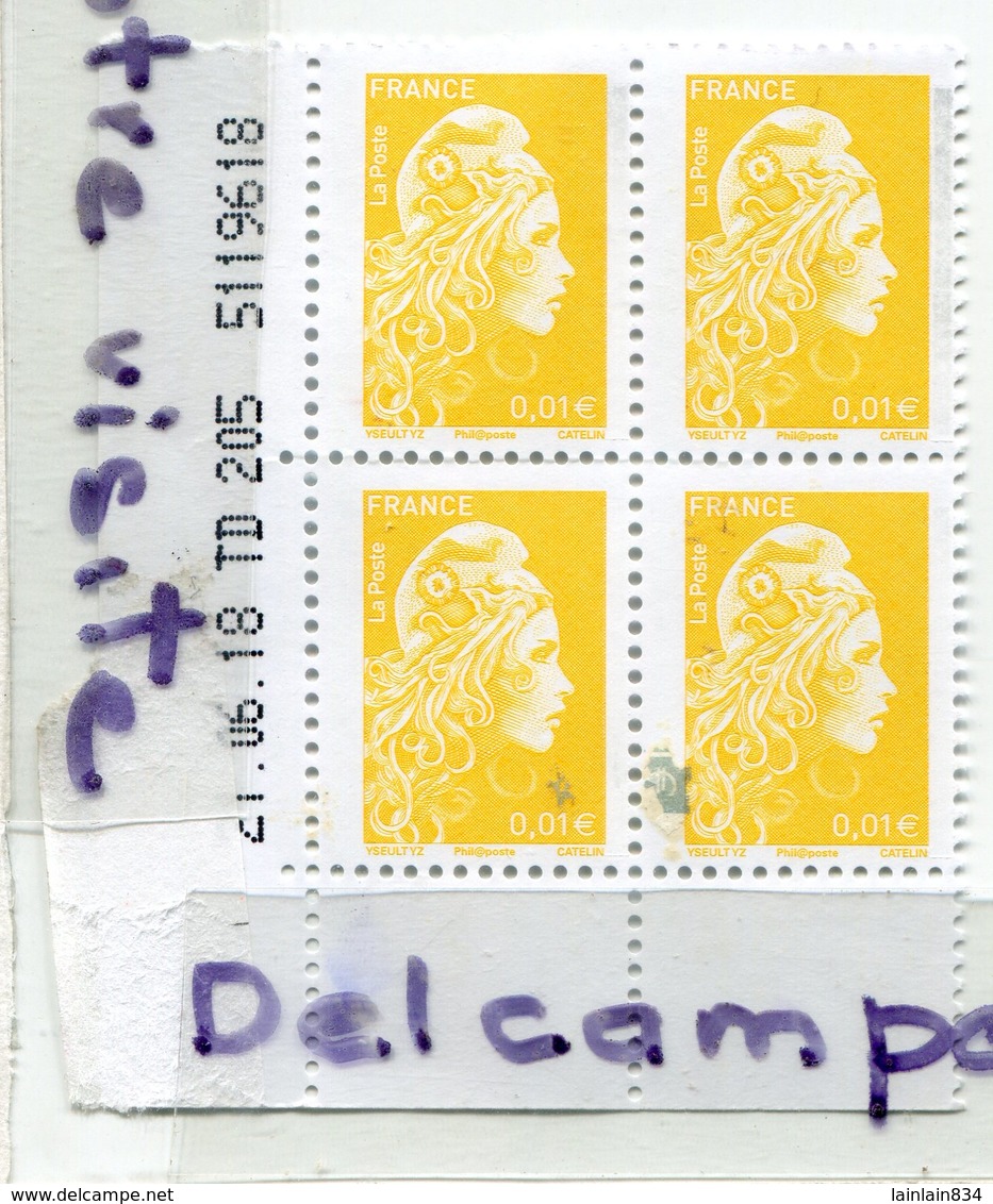 - Block De 4 Timbres - Marianne,  Neufs,de 1 C, Jaune, Juin 2018, Avec Tache Grisée D'origine, à L"imprime, Scans, TBE. - Neufs